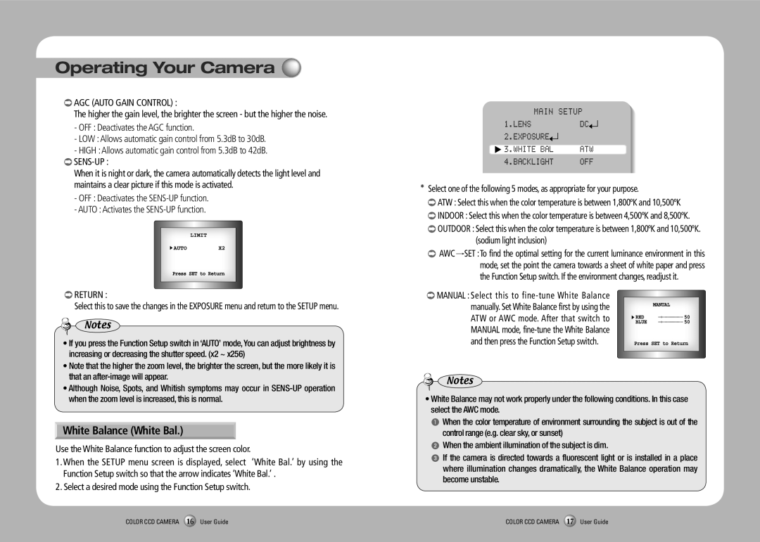 Samsung SVD-4600 manual AGC Auto Gain Control, Use the White Balance function to adjust the screen color, Backlight OFF 