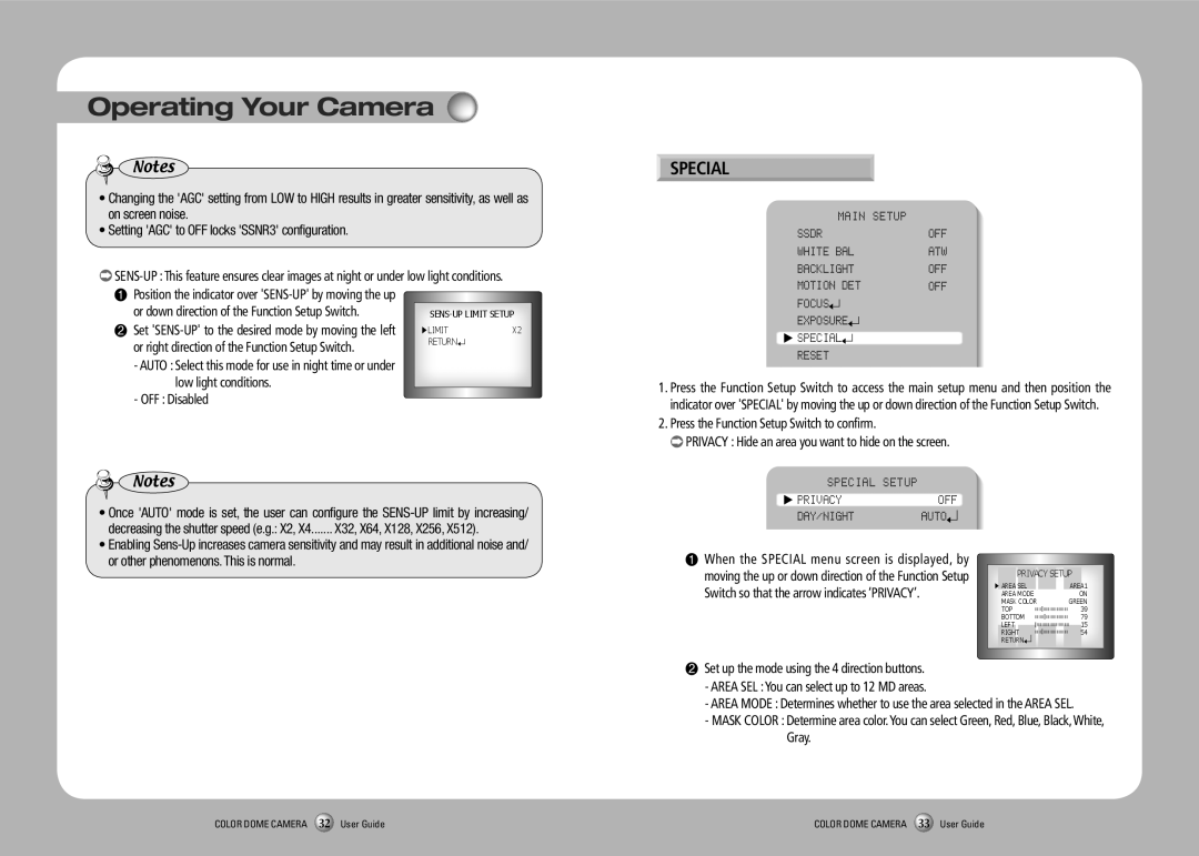 Samsung SVD-4700 manual Special Setup Privacyoff DAY/NIGHT Auto, Area SEL You can select up to 12 MD areas, Gray 