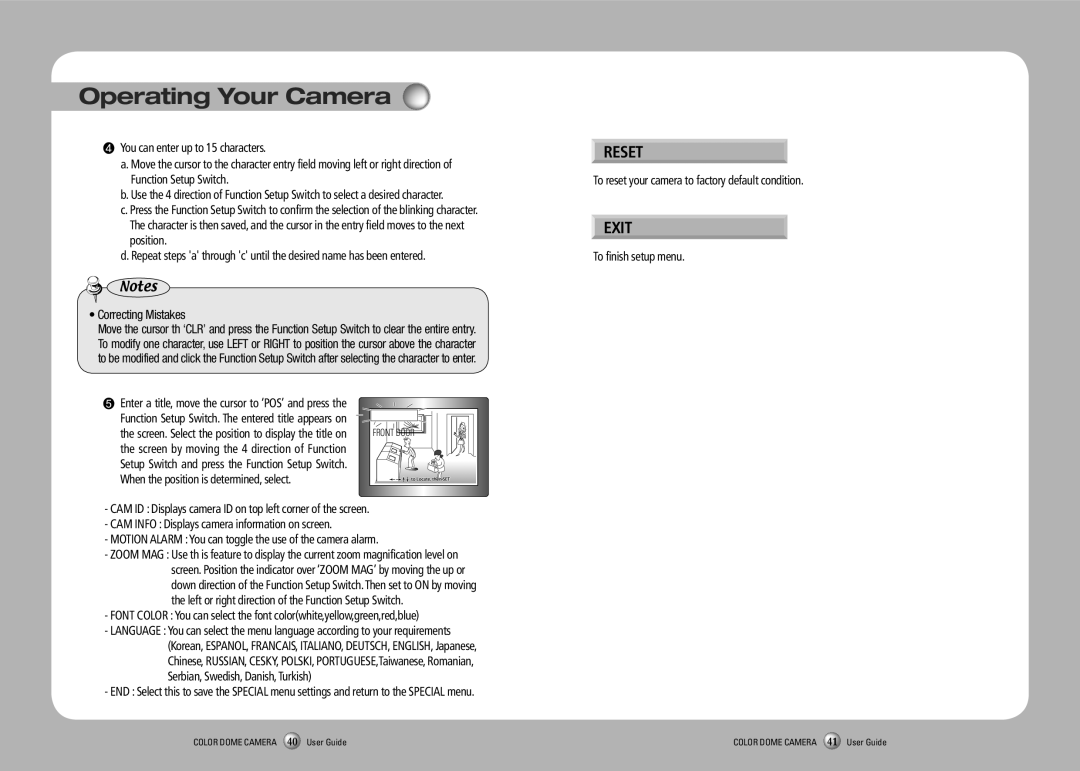 Samsung SVD-4700 manual Reset, Exit, To reset your camera to factory default condition, To finish setup menu 