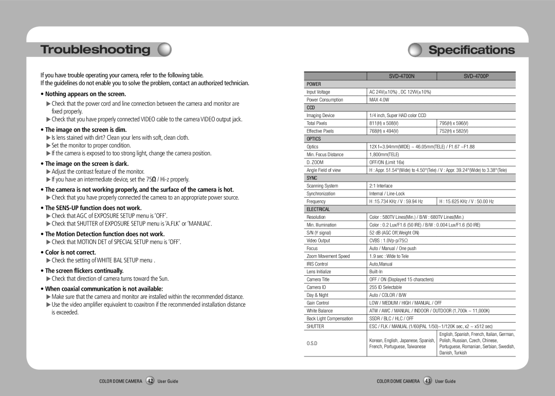 Samsung SVD-4700 manual Troubleshooting, Specifications 