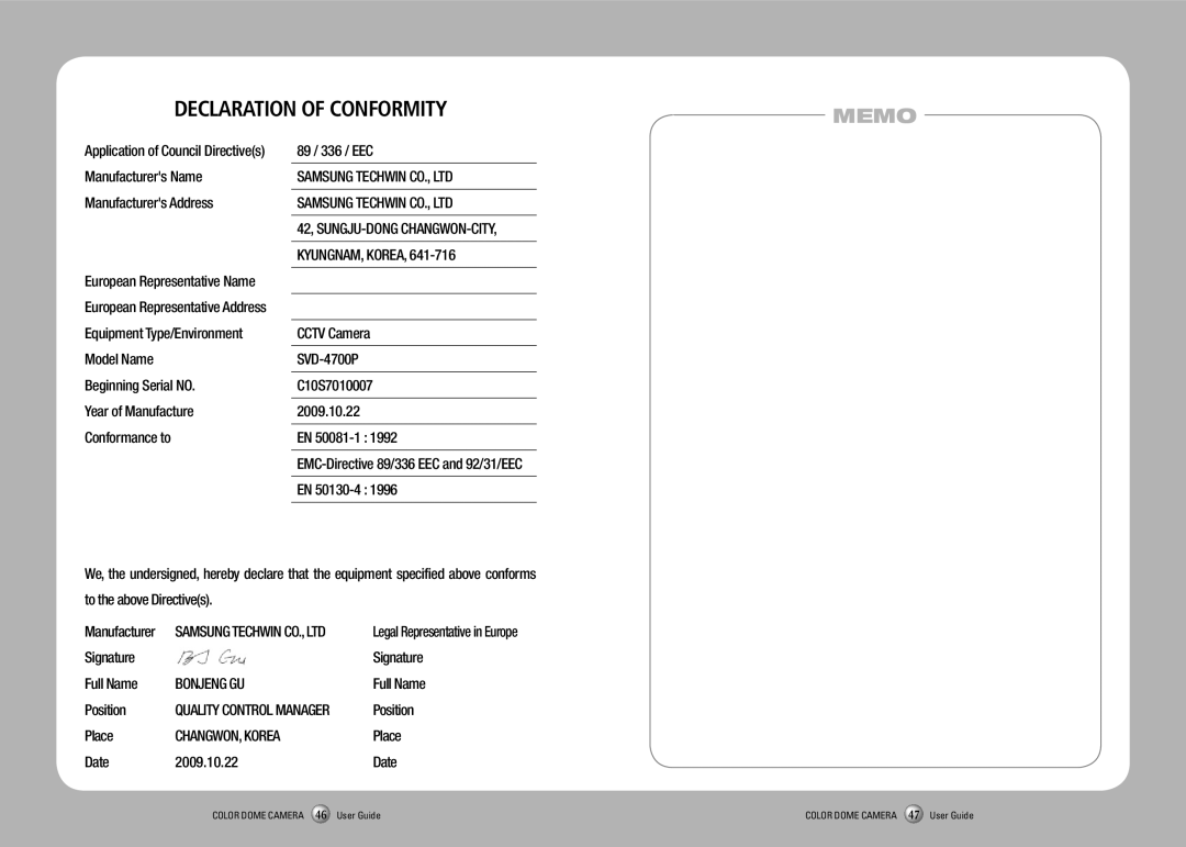 Samsung SVD-4700 manual European Representative Name, Equipment Type/Environment 