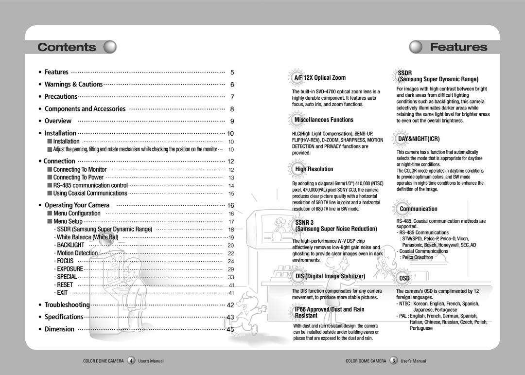 Samsung SVD-4700 manual Contents, Features 