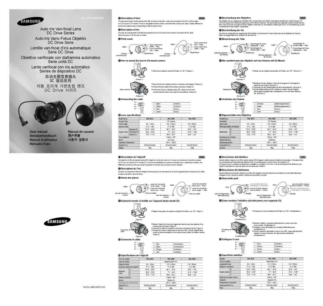 Samsung SVL-2812 user manual 1Description of lens, 2Description of Iris, Parts name, Connecting the cable, Noms des pièces 