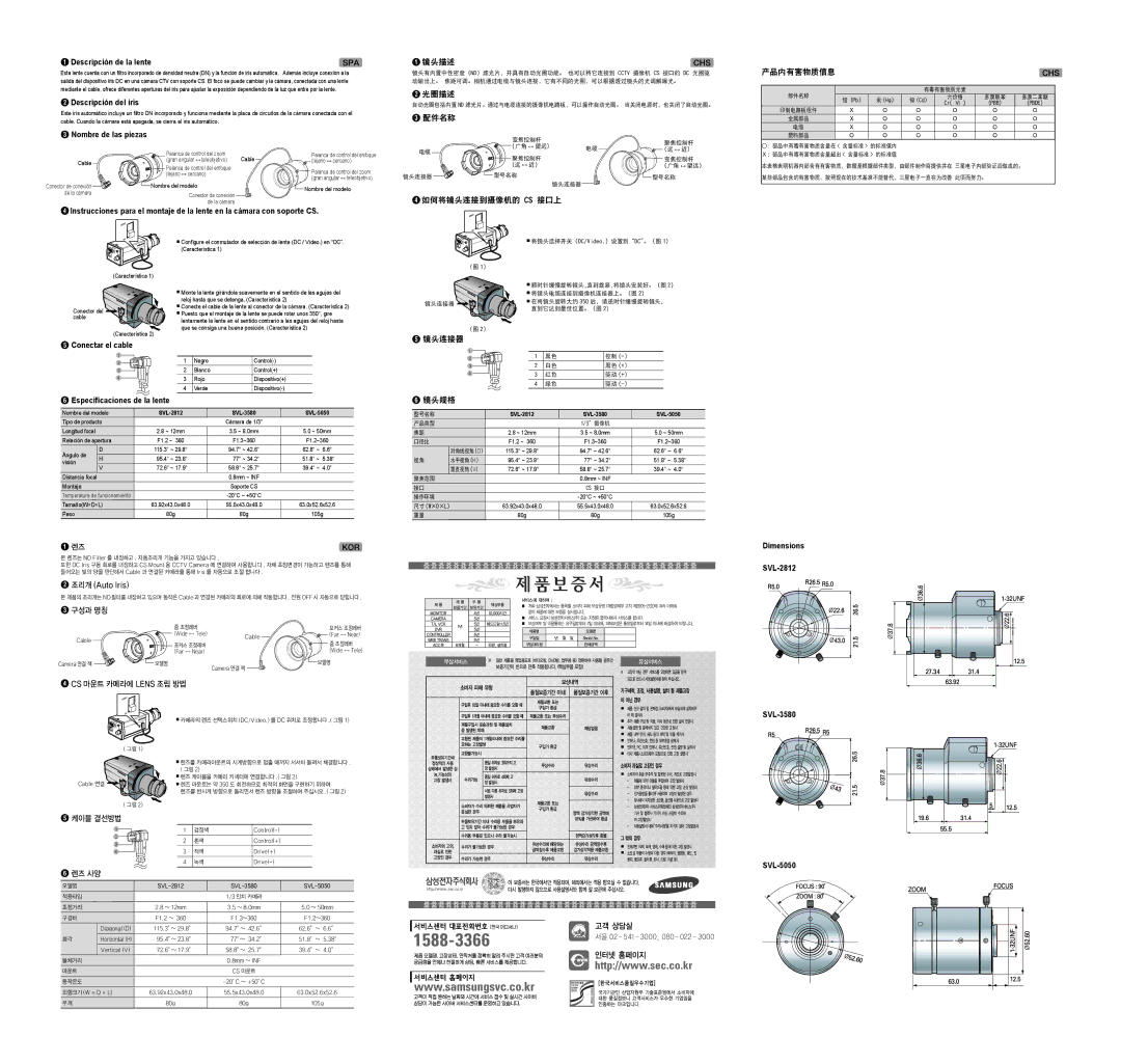 Samsung SVL-5050, SVL-3580 1Descripción de la lente, 2Descripción del iris, Nombre de las piezas, Conectar el cable 
