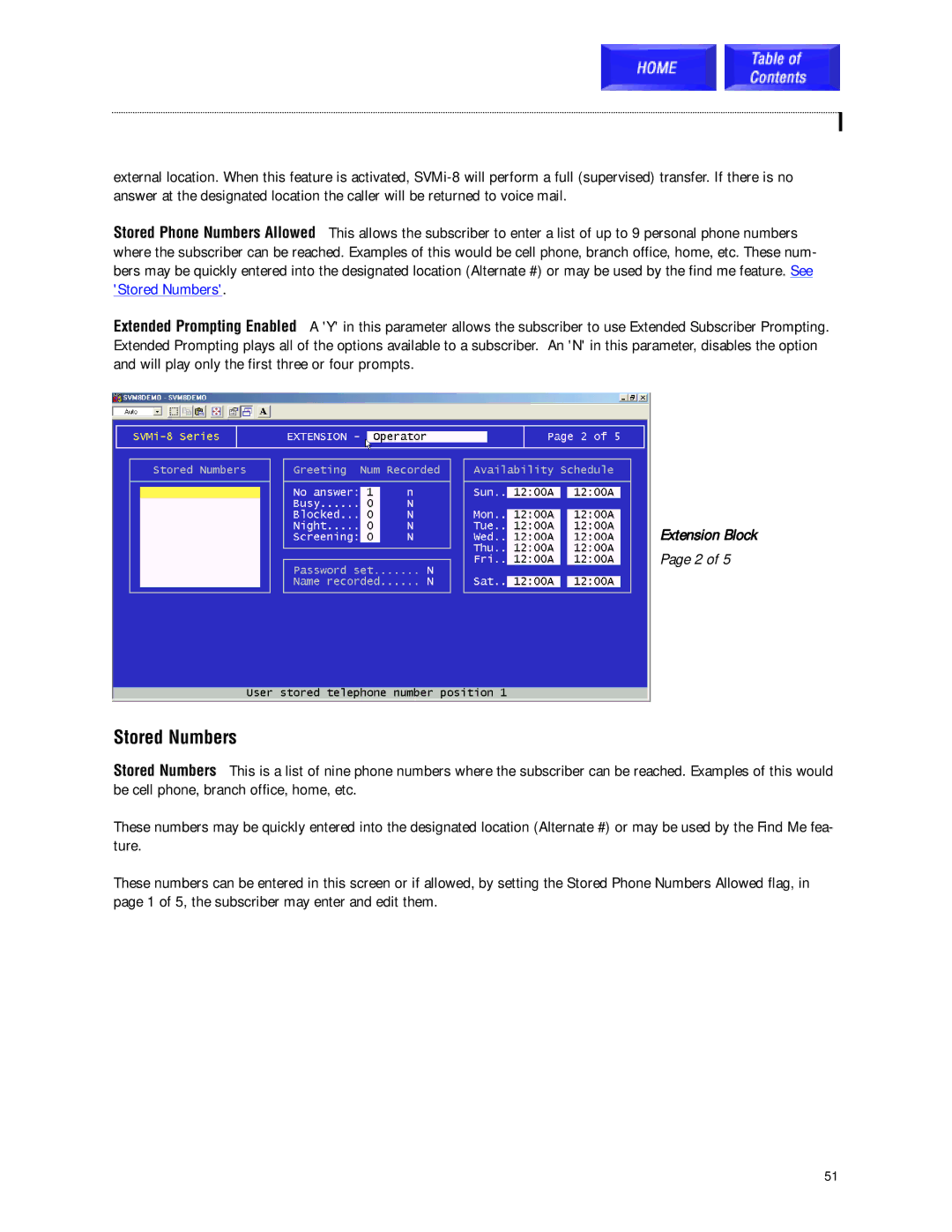 Samsung SVMi-8 technical manual Stored Numbers, Extension Block 