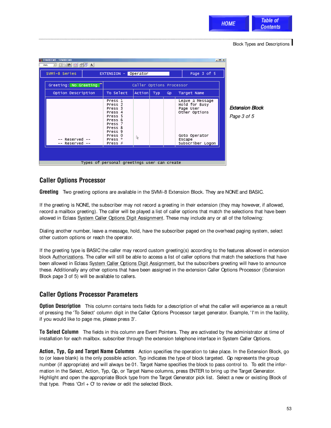 Samsung SVMi-8 technical manual Caller Options Processor Parameters 