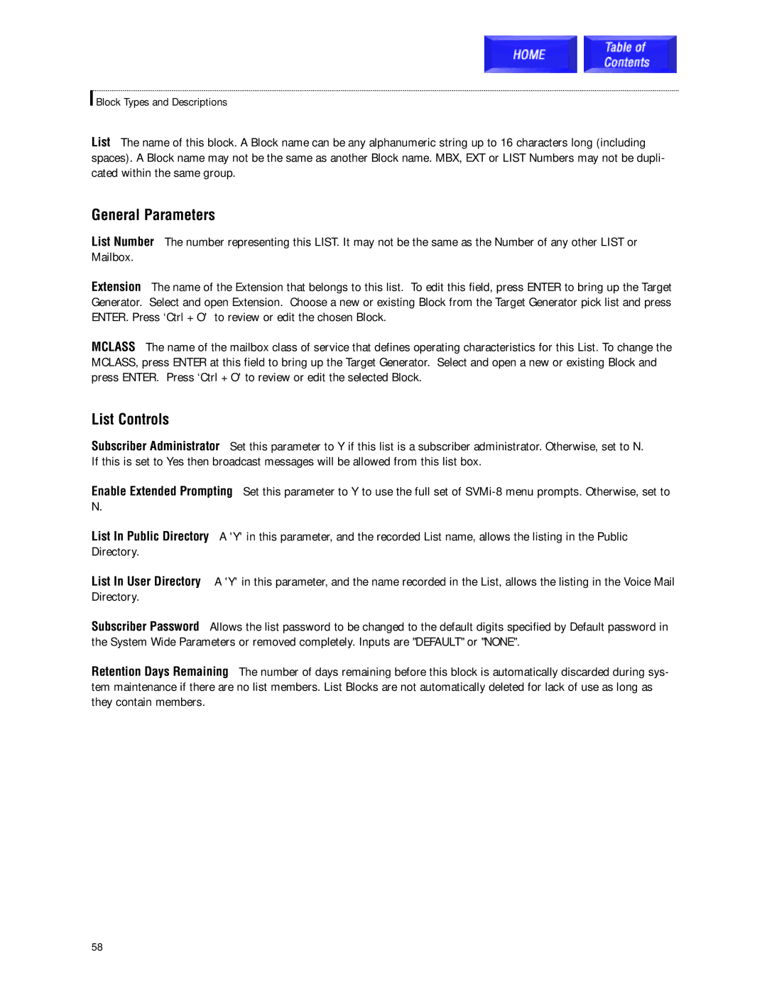 Samsung SVMi-8 technical manual General Parameters, List Controls 