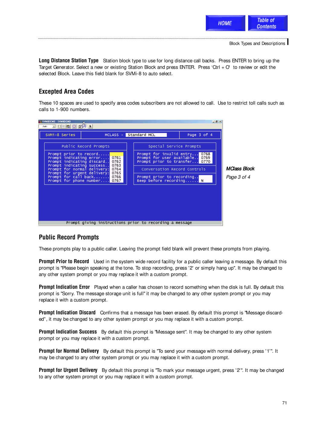 Samsung SVMi-8 technical manual Excepted Area Codes, Public Record Prompts 