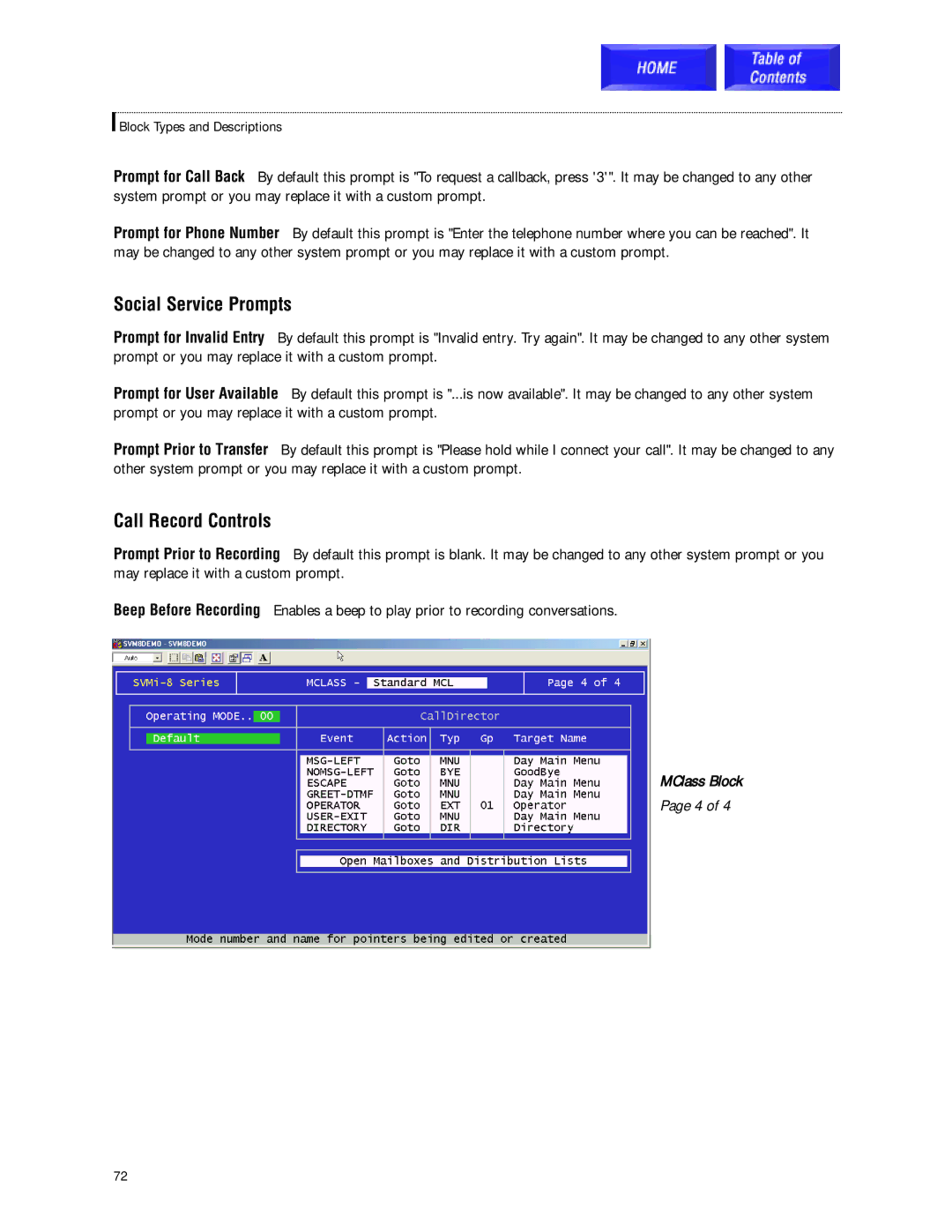 Samsung SVMi-8 technical manual Social Service Prompts, Call Record Controls 