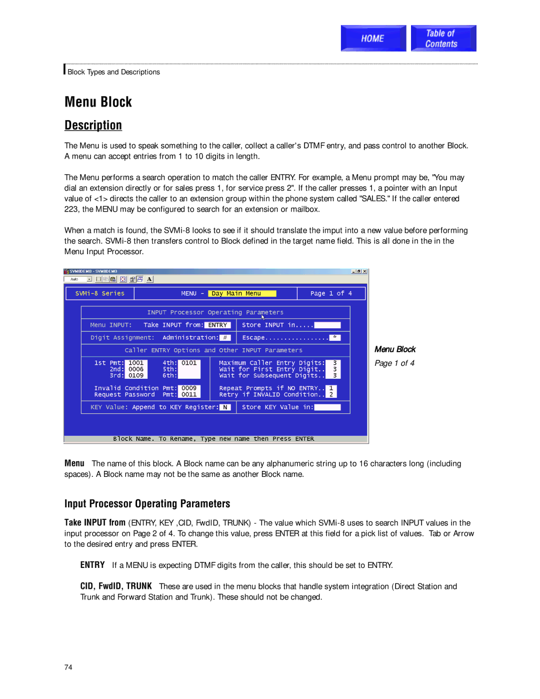 Samsung SVMi-8 technical manual Menu Block, Input Processor Operating Parameters 