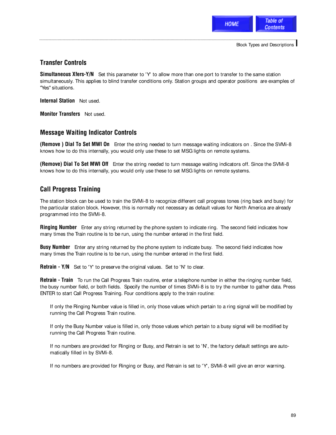 Samsung SVMi-8 technical manual Transfer Controls, Message Waiting Indicator Controls, Call Progress Training 