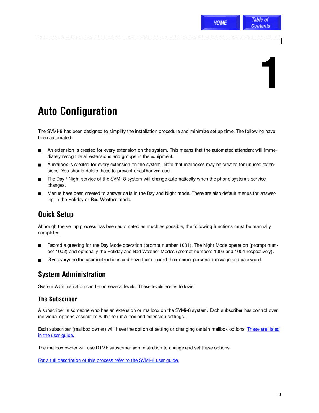 Samsung SVMi-8 technical manual Auto Configuration, Quick Setup, System Administration, Subscriber 