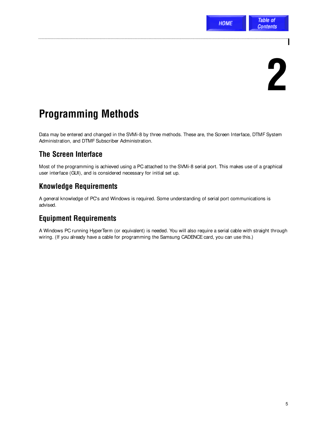 Samsung SVMi-8 technical manual Programming Methods, Screen Interface, Knowledge Requirements, Equipment Requirements 