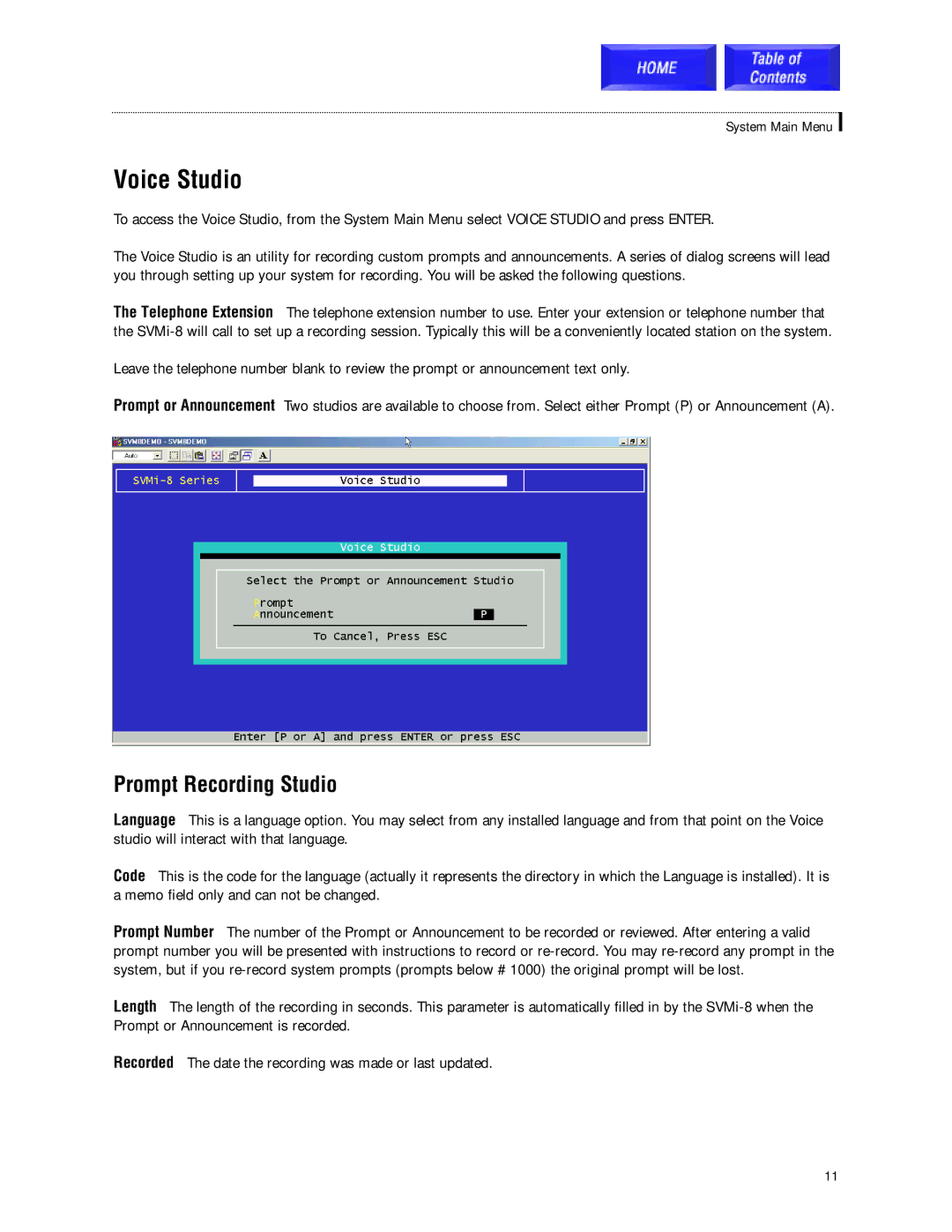 Samsung SVMi-8 technical manual Voice Studio, Prompt Recording Studio 