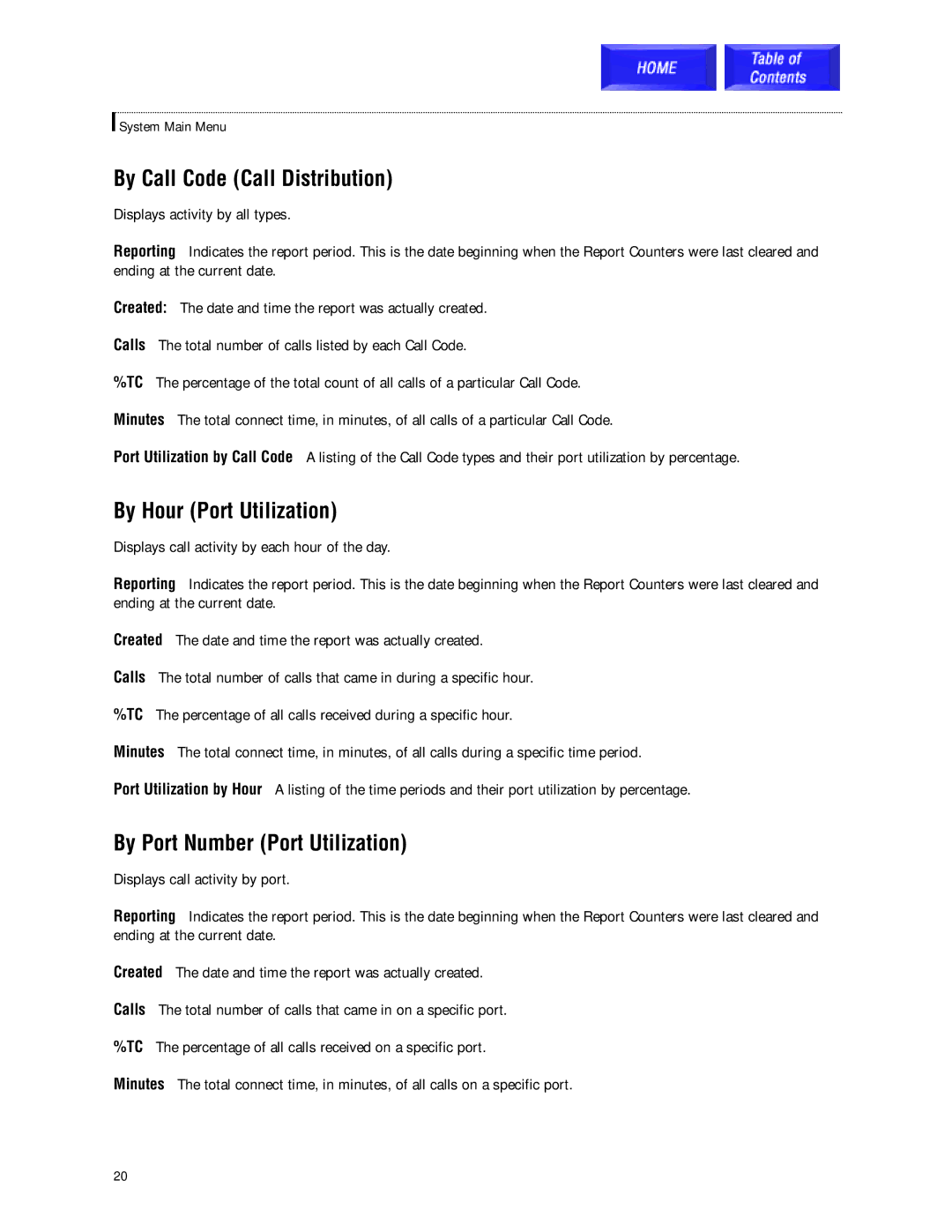 Samsung SVMi-8 technical manual By Call Code Call Distribution, By Hour Port Utilization, By Port Number Port Utilization 