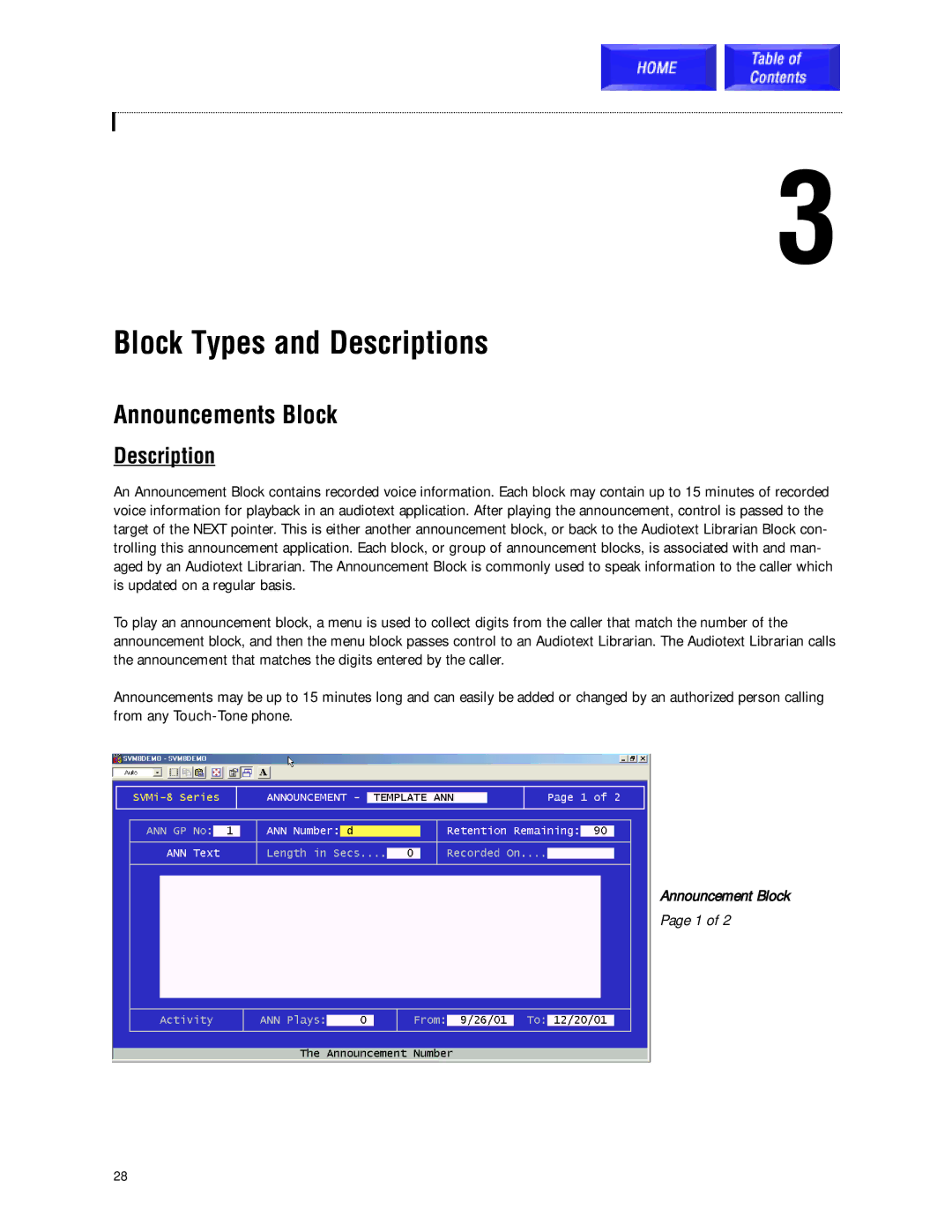 Samsung SVMi-8 technical manual Block Types and Descriptions, Announcements Block, Announcement Block 