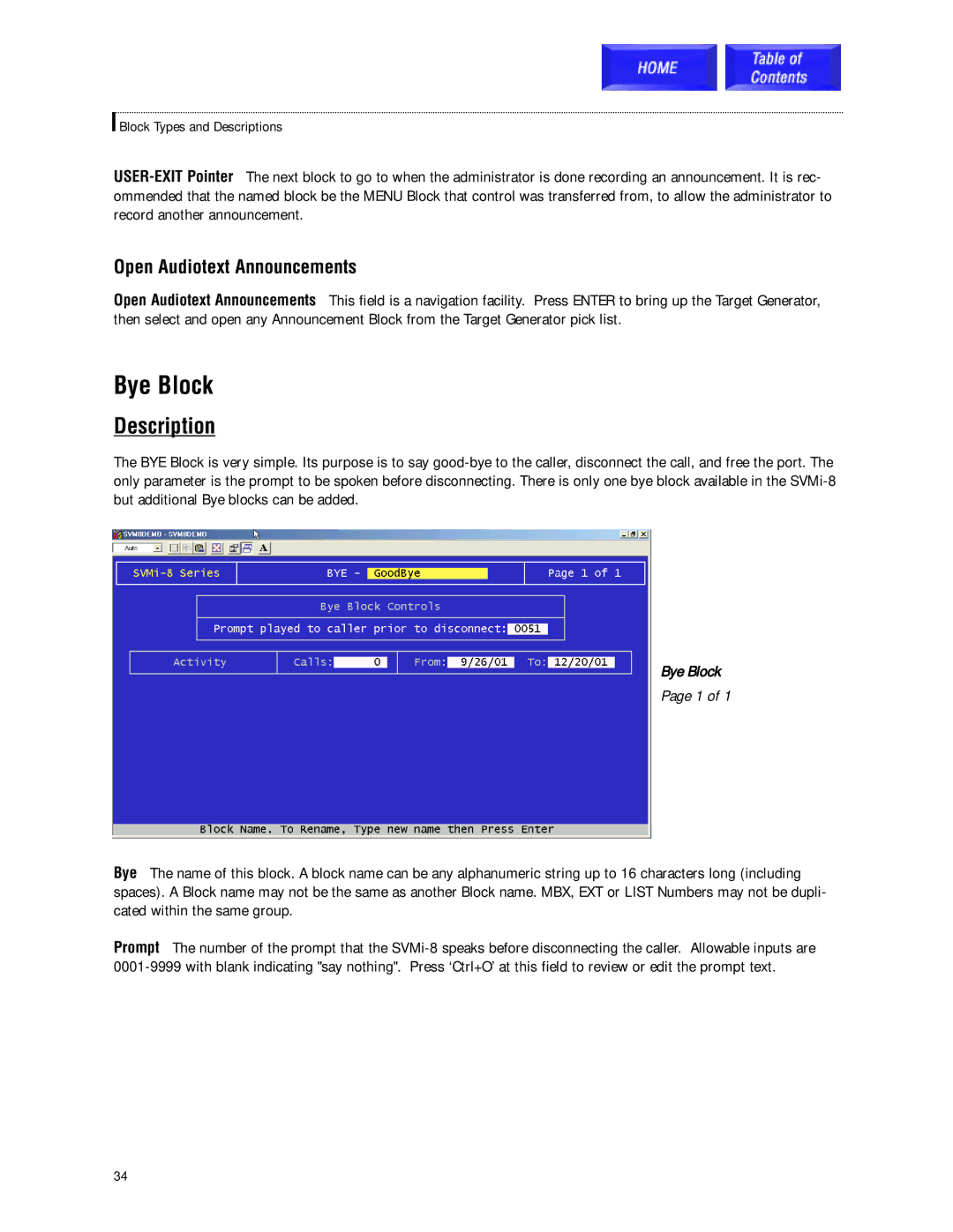 Samsung SVMi-8 technical manual Bye Block, Open Audiotext Announcements 