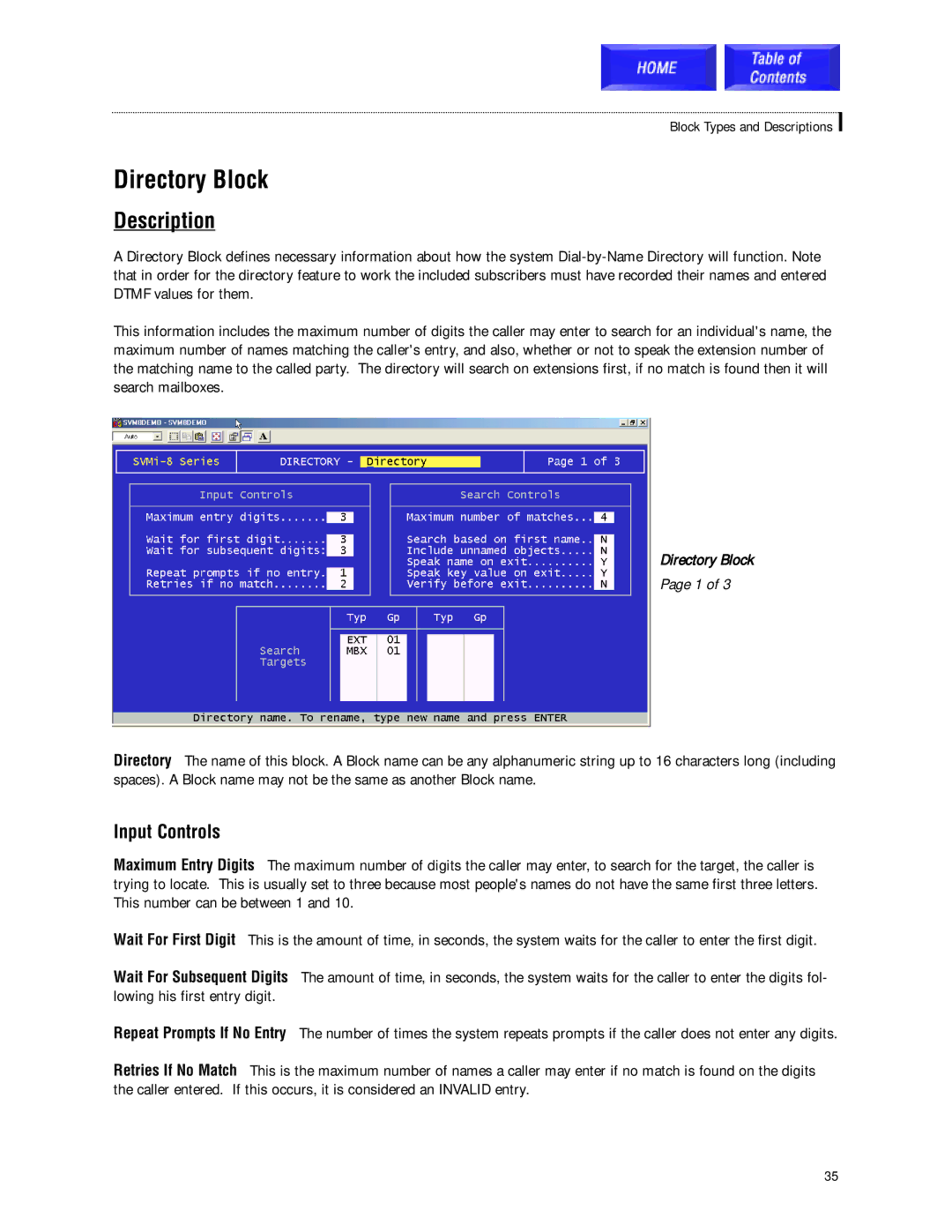 Samsung SVMi-8 technical manual Directory Block, Input Controls 