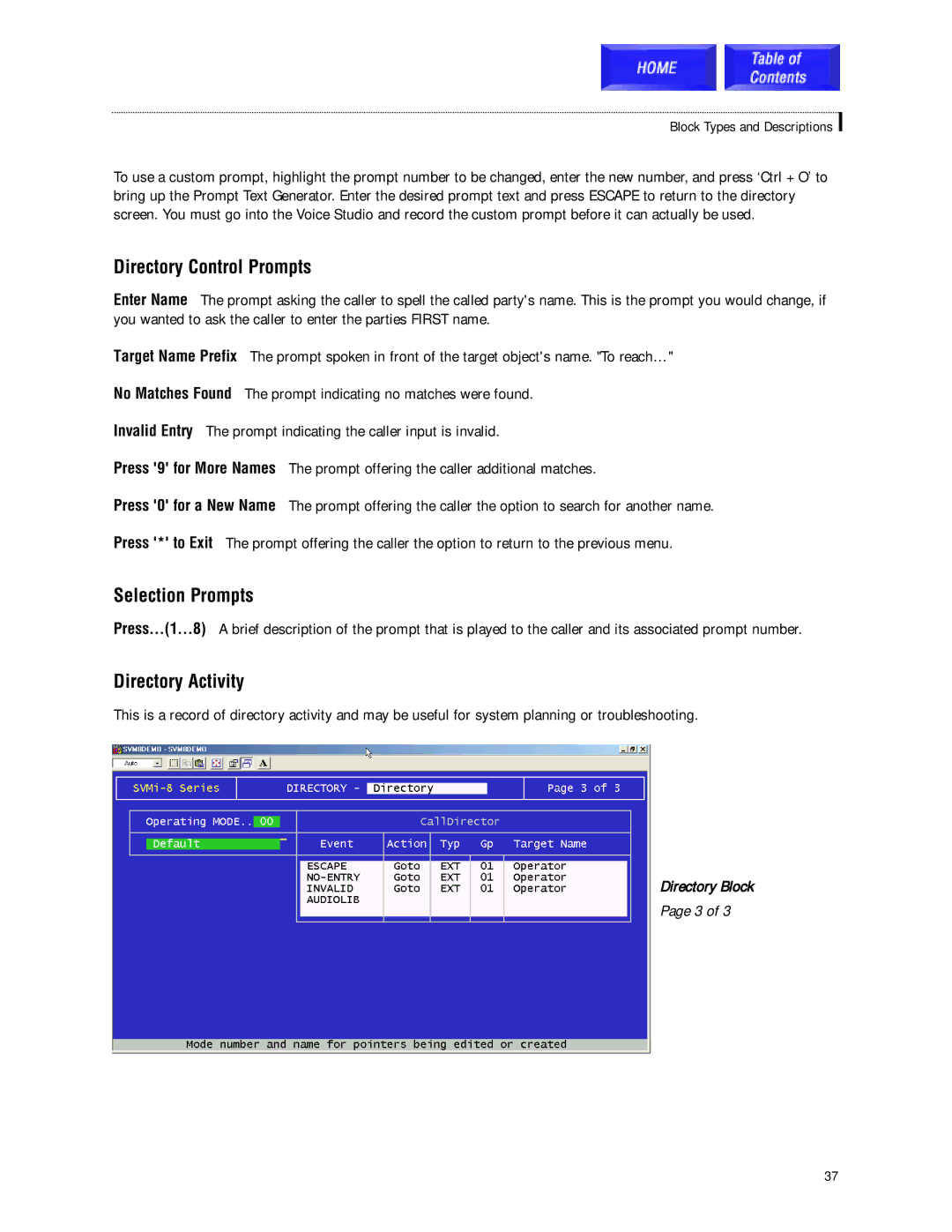 Samsung SVMi-8 technical manual Directory Control Prompts, Selection Prompts, Directory Activity 