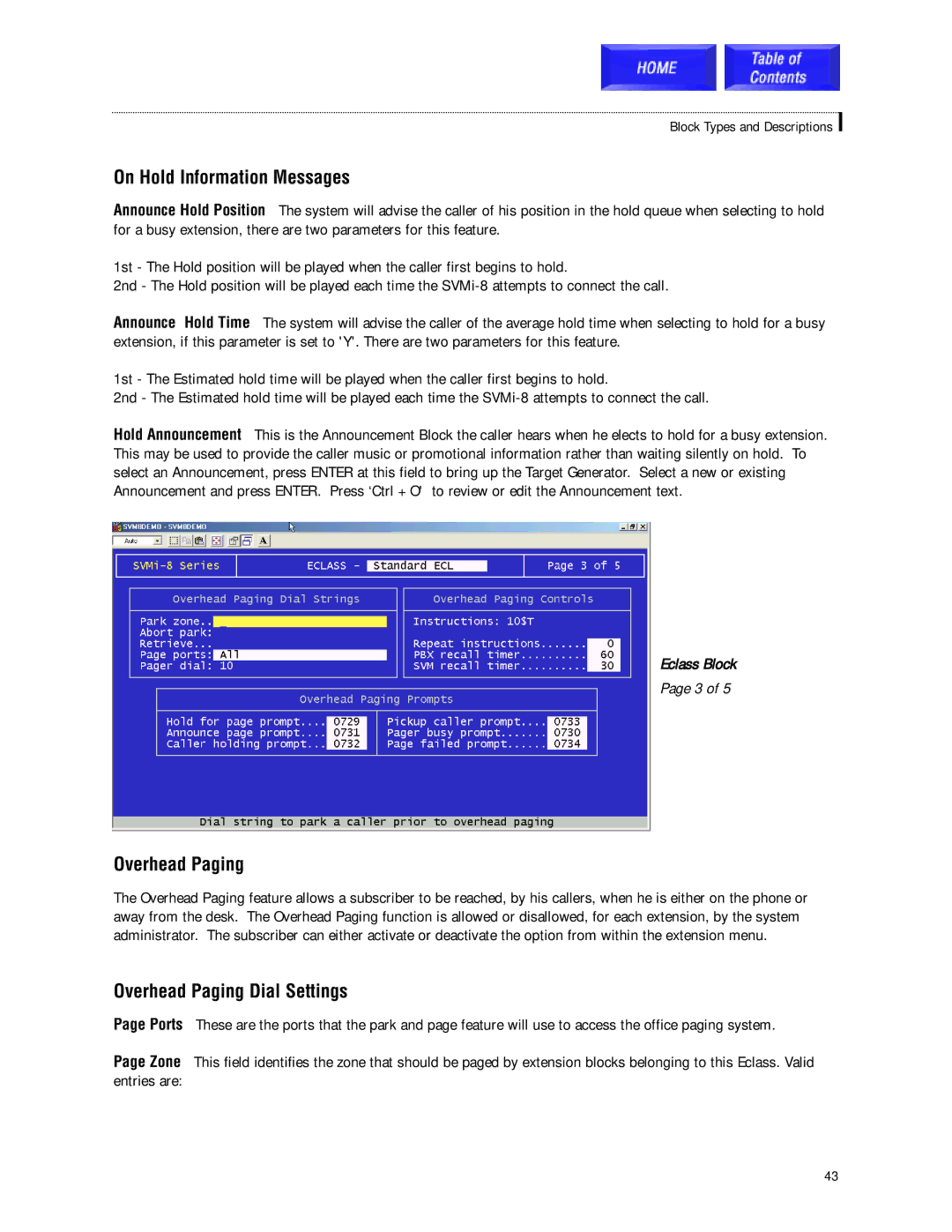 Samsung SVMi-8 technical manual On Hold Information Messages, Overhead Paging Dial Settings 