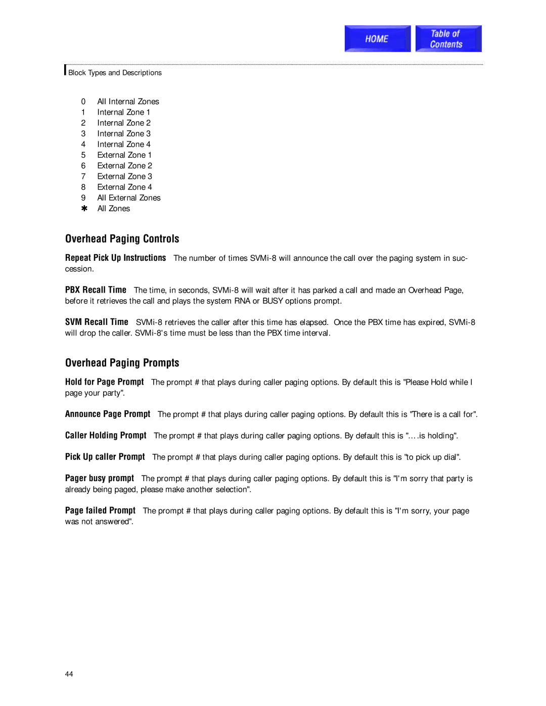 Samsung SVMi-8 technical manual Overhead Paging Controls, Overhead Paging Prompts 