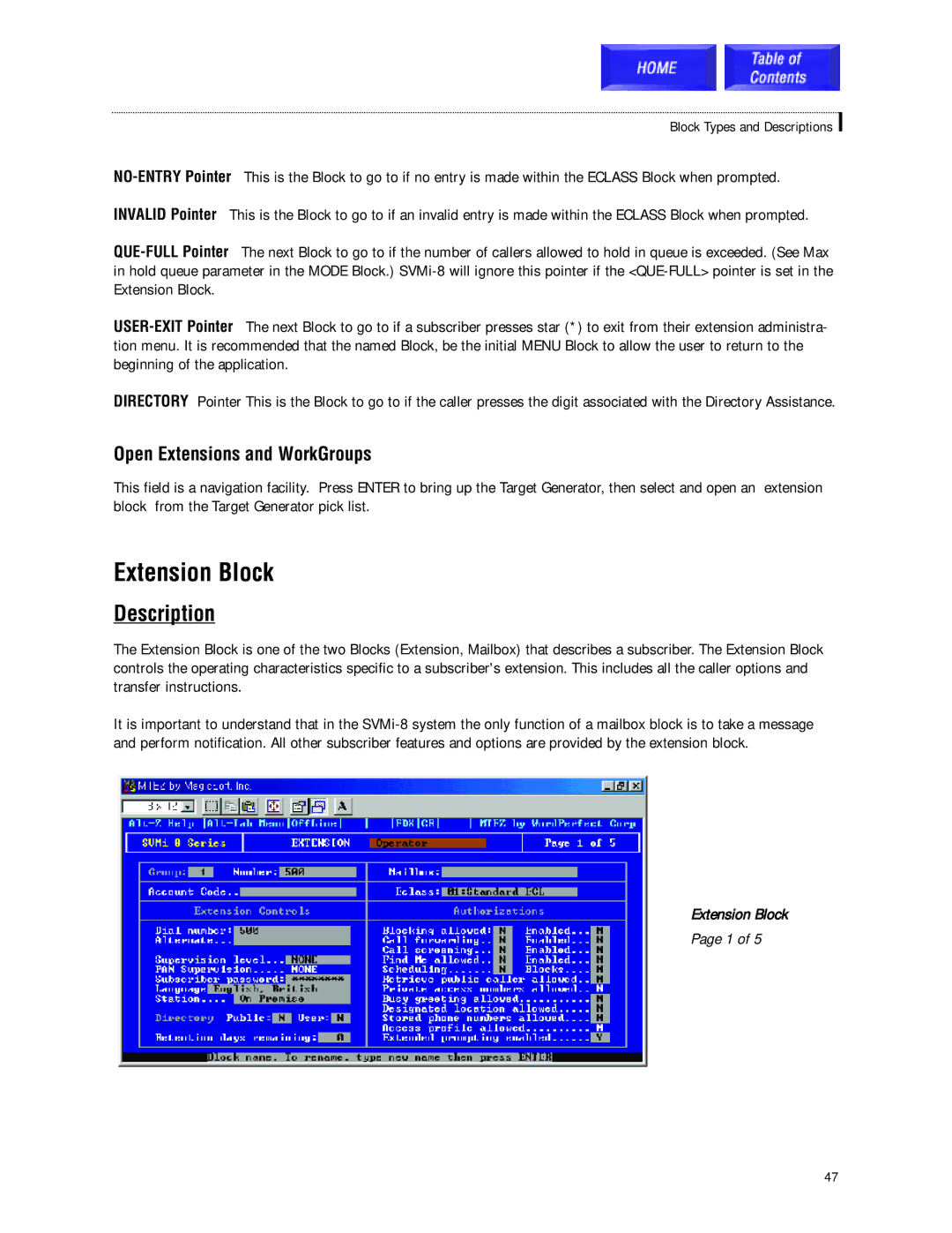 Samsung SVMi-8 technical manual Extension Block, Open Extensions and WorkGroups 