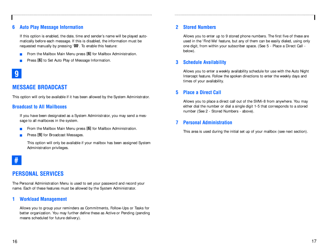 Samsung SVMi-8 manual Message Broadcast, Personal Services 