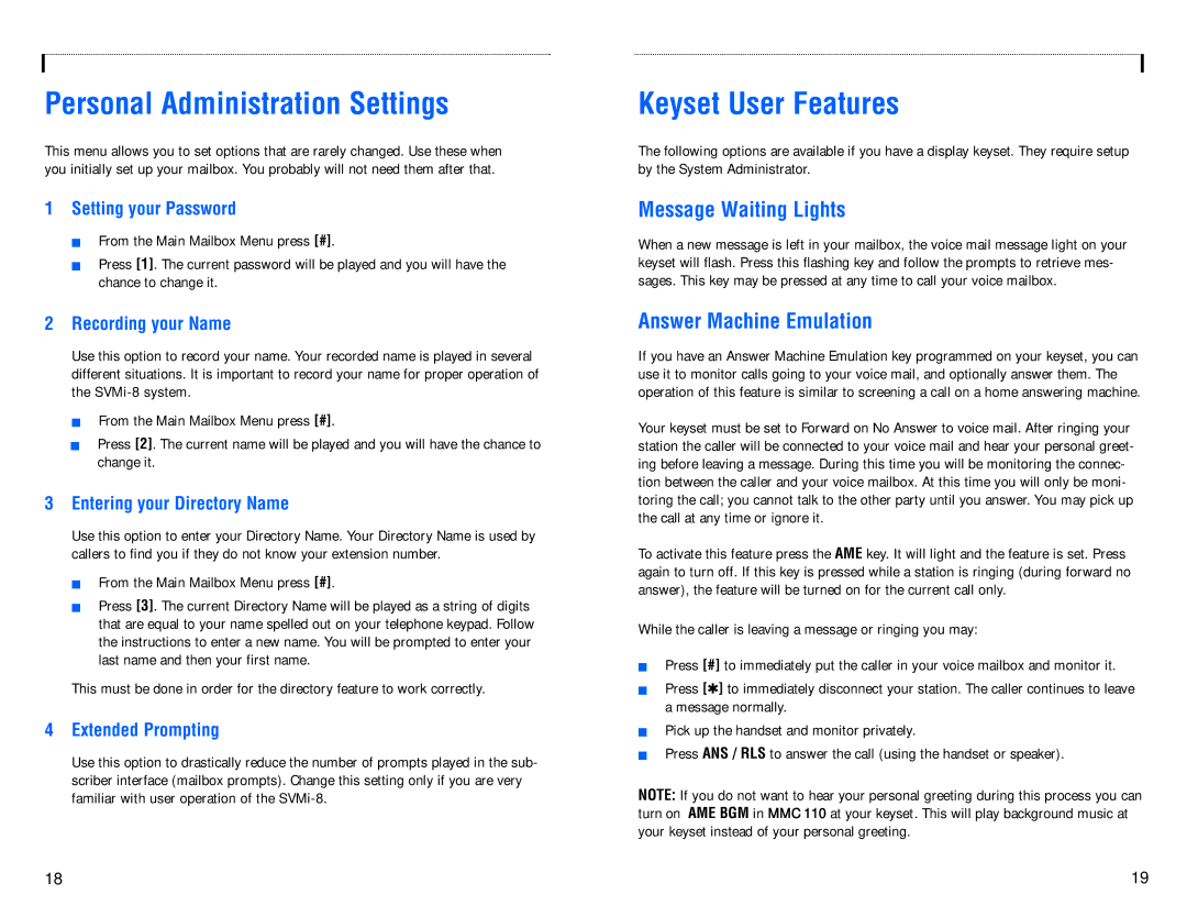 Samsung SVMi-8 Personal Administration Settings, Keyset User Features, Message Waiting Lights, Answer Machine Emulation 