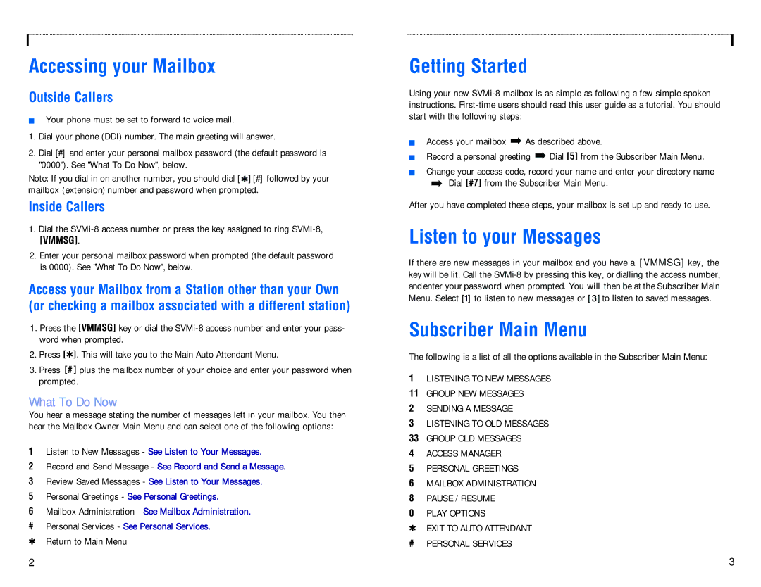 Samsung SVMi-8 manual Accessing your Mailbox, Getting Started, Listen to your Messages, Subscriber Main Menu 