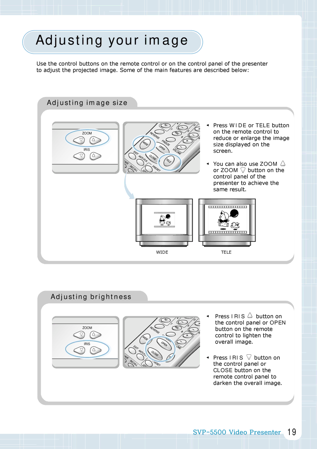 Samsung SVP-5500 manual Adjusting your image, Adjusting image size, Adjusting brightness 