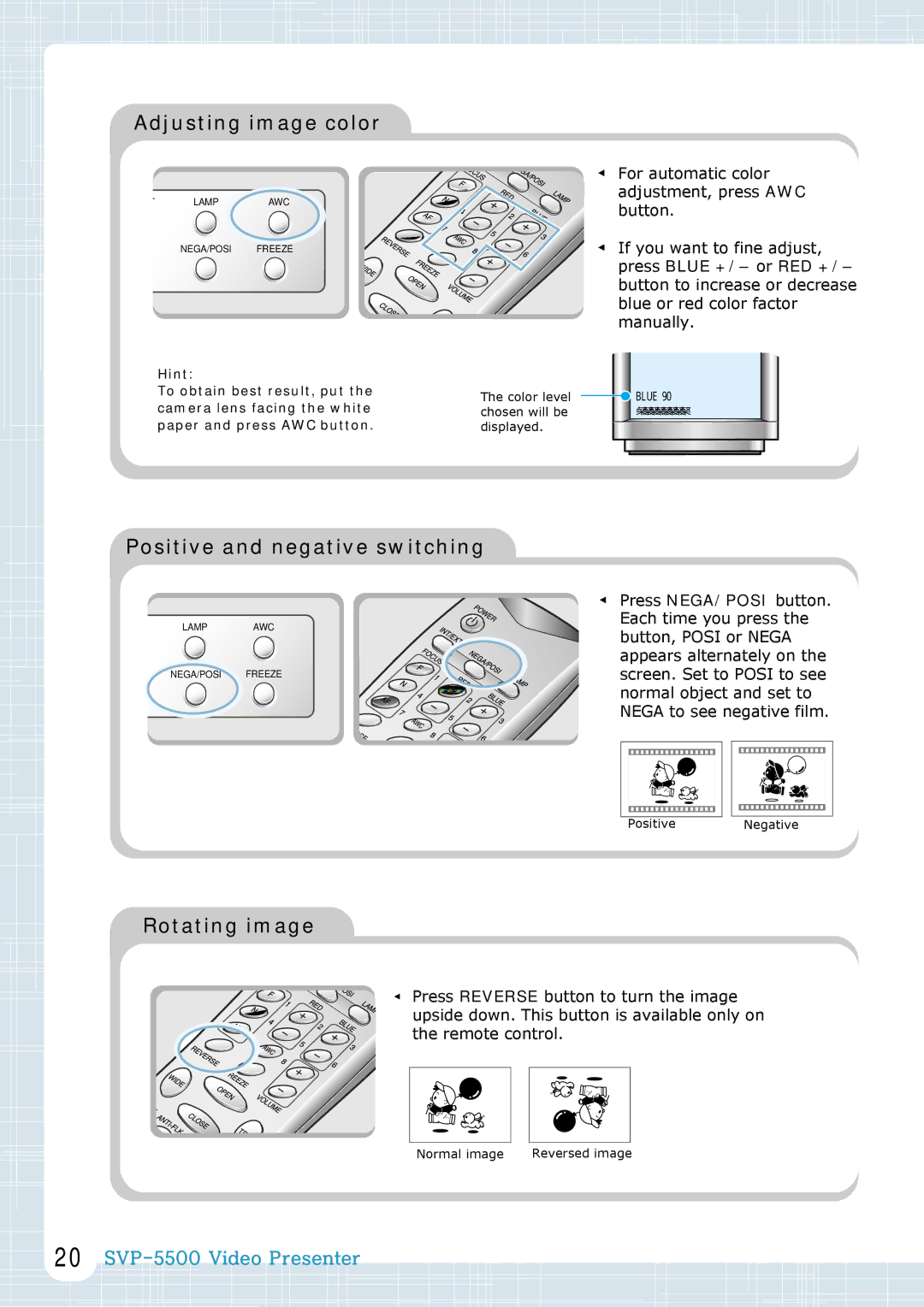 Samsung SVP-5500 manual Adjusting image color, Positive and negative switching, Rotating image 