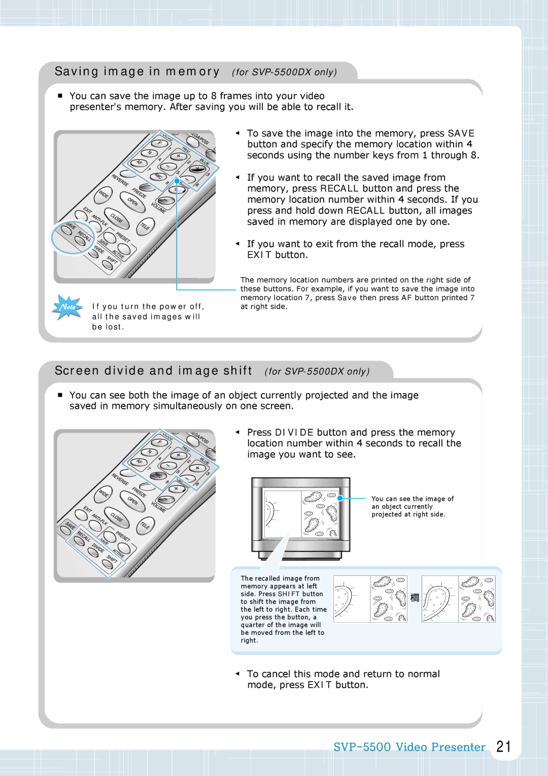 Samsung manual Saving image in memory for SVP-5500DX only, Screen divide and image shift for SVP-5500DX only 