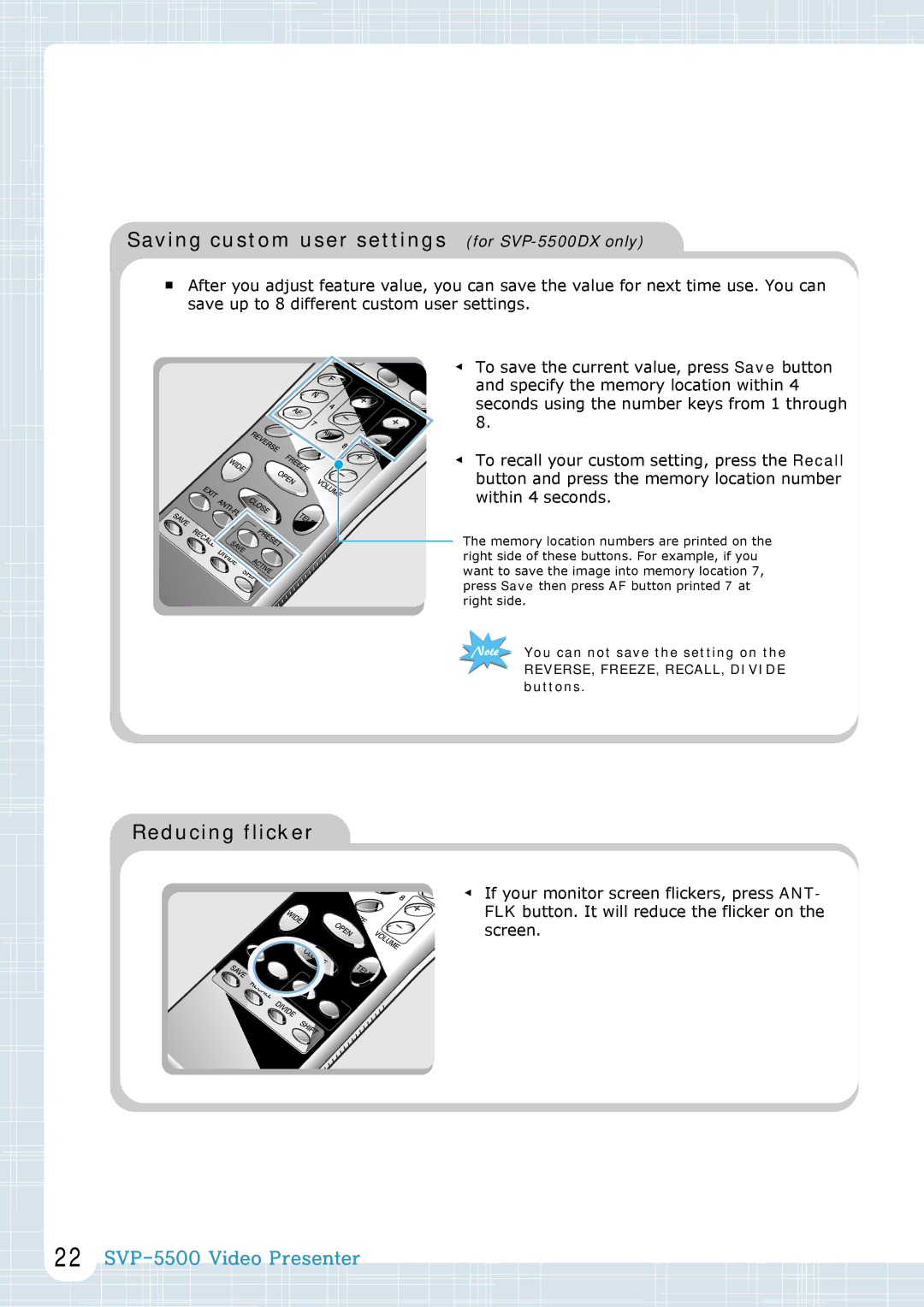 Samsung manual Saving custom user settings for SVP-5500DX only, Reducing flicker 