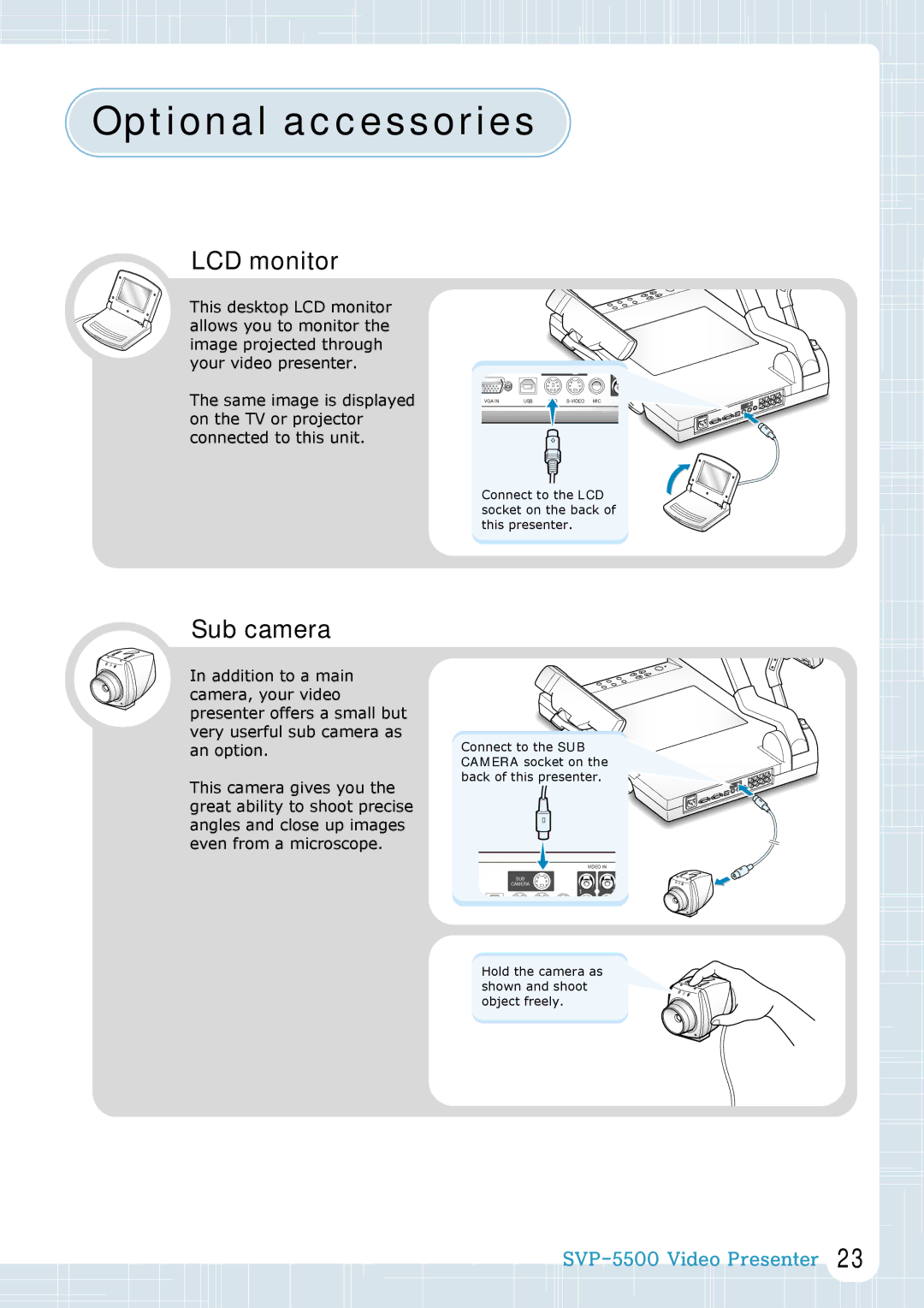 Samsung SVP-5500 manual Optional accessories, LCD monitor, Sub camera 