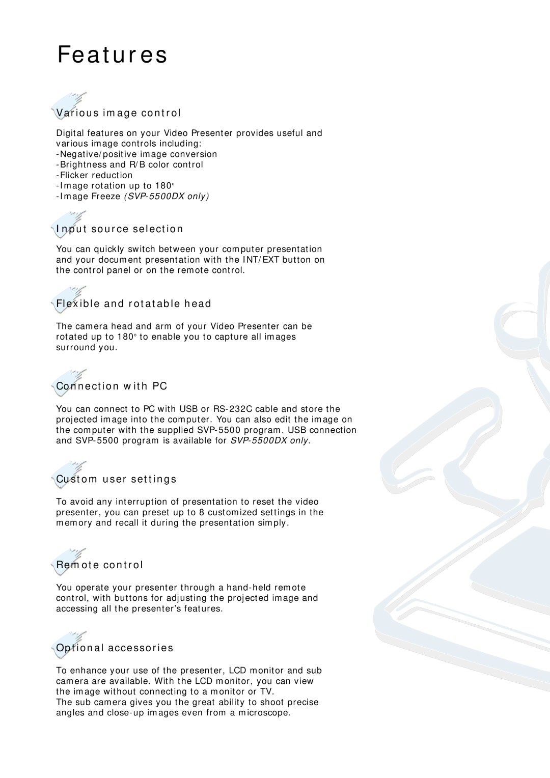 Samsung SVP-5500 manual Features, Various image control 