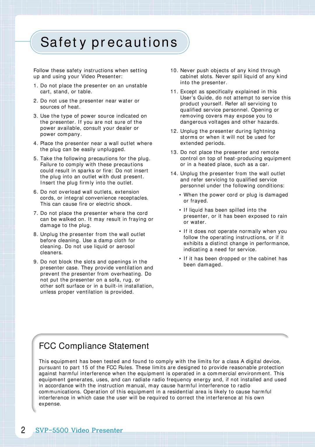 Samsung SVP-5500 manual Safety precautions, FCC Compliance Statement 