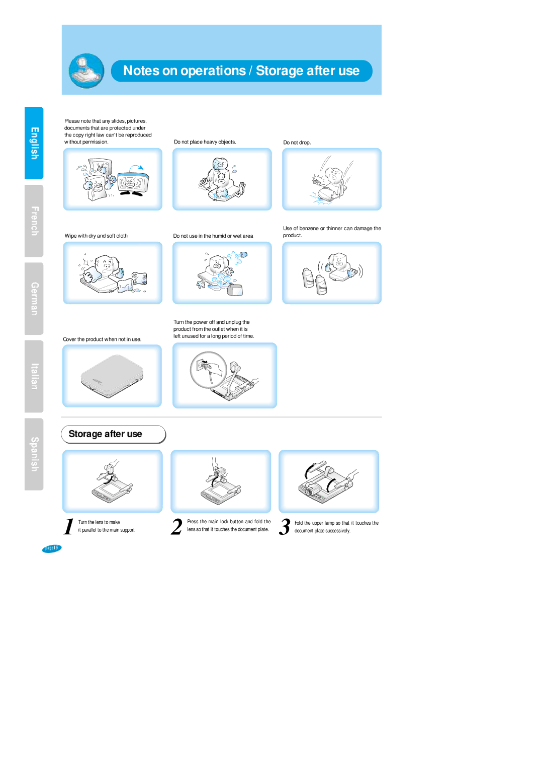 Samsung SVP-6000N/P user manual Storage after use, 1Turn the lens to make It parallel to the main support 