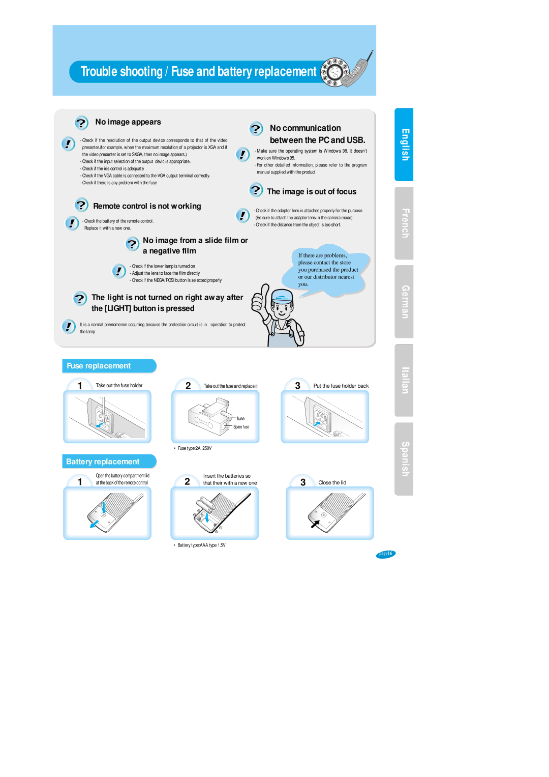 Samsung SVP-6000N/P user manual Trouble shooting / Fuse and battery replacement, No communication between the PC and USB 