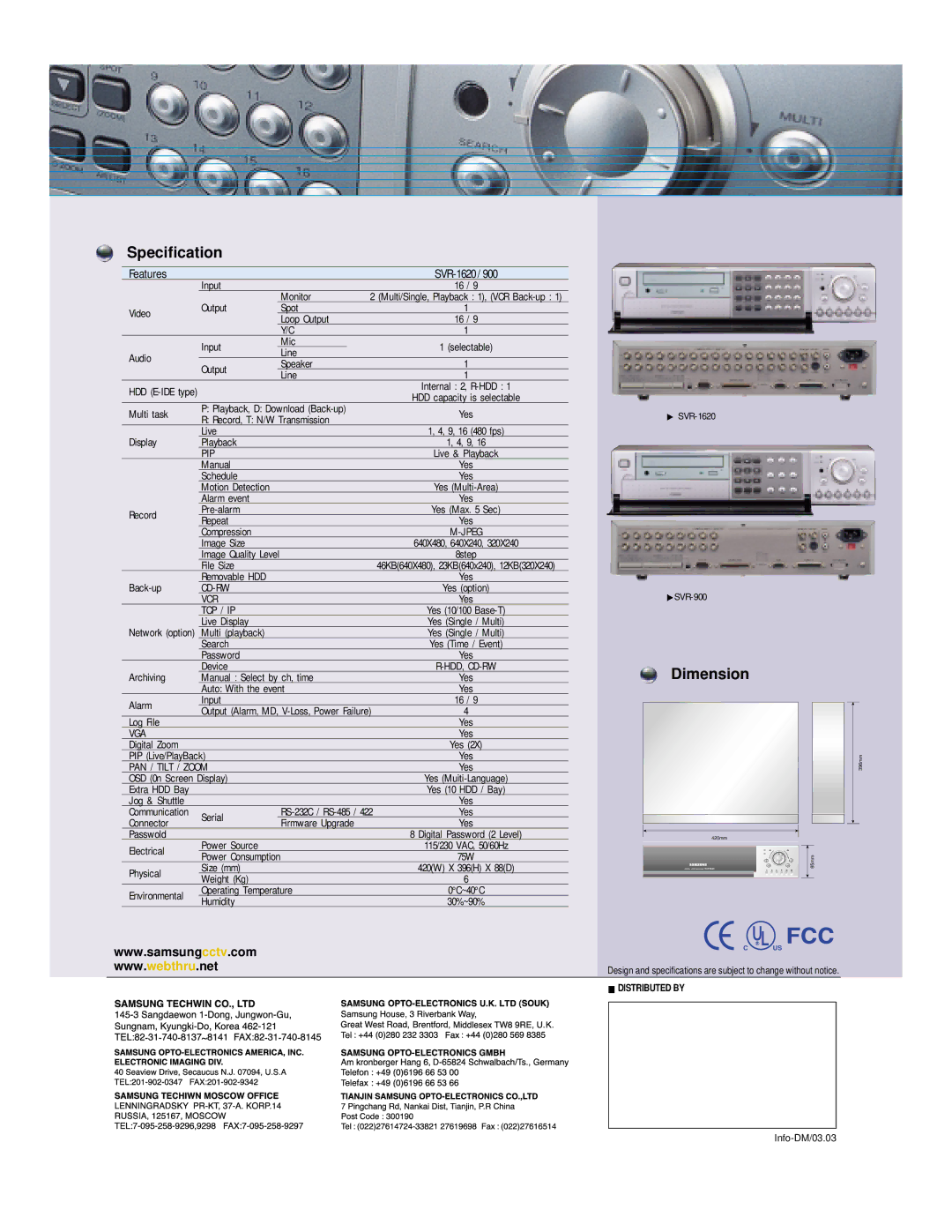 Samsung SVR-1620/900 manual Specification 