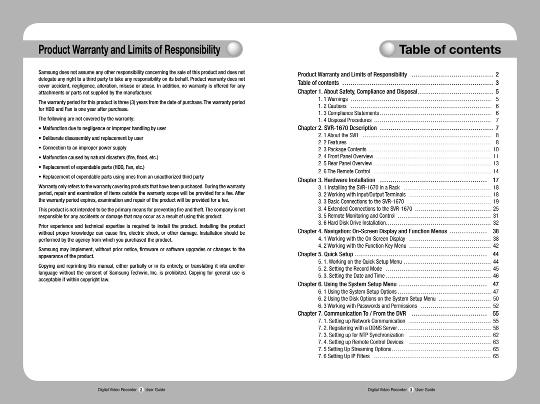 Samsung SVR-1670 manual Table of contents 