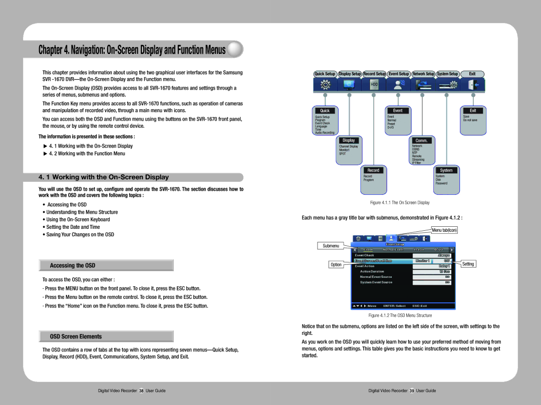 Samsung SVR-1670 manual Working with the On-Screen Display, Accessing the OSD, OSD Screen Elements 