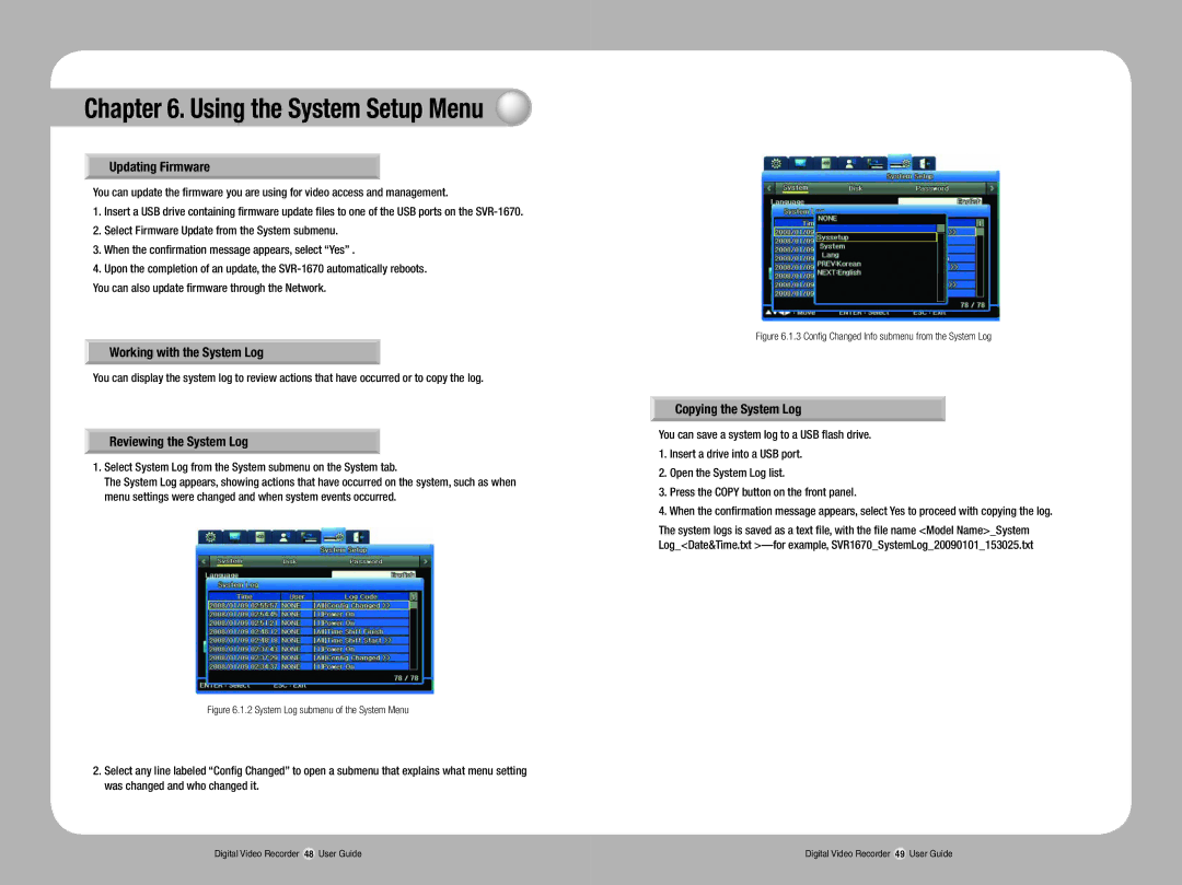 Samsung SVR-1670 Using the System Setup Menu, Updating Firmware, Working with the System Log, Reviewing the System Log 