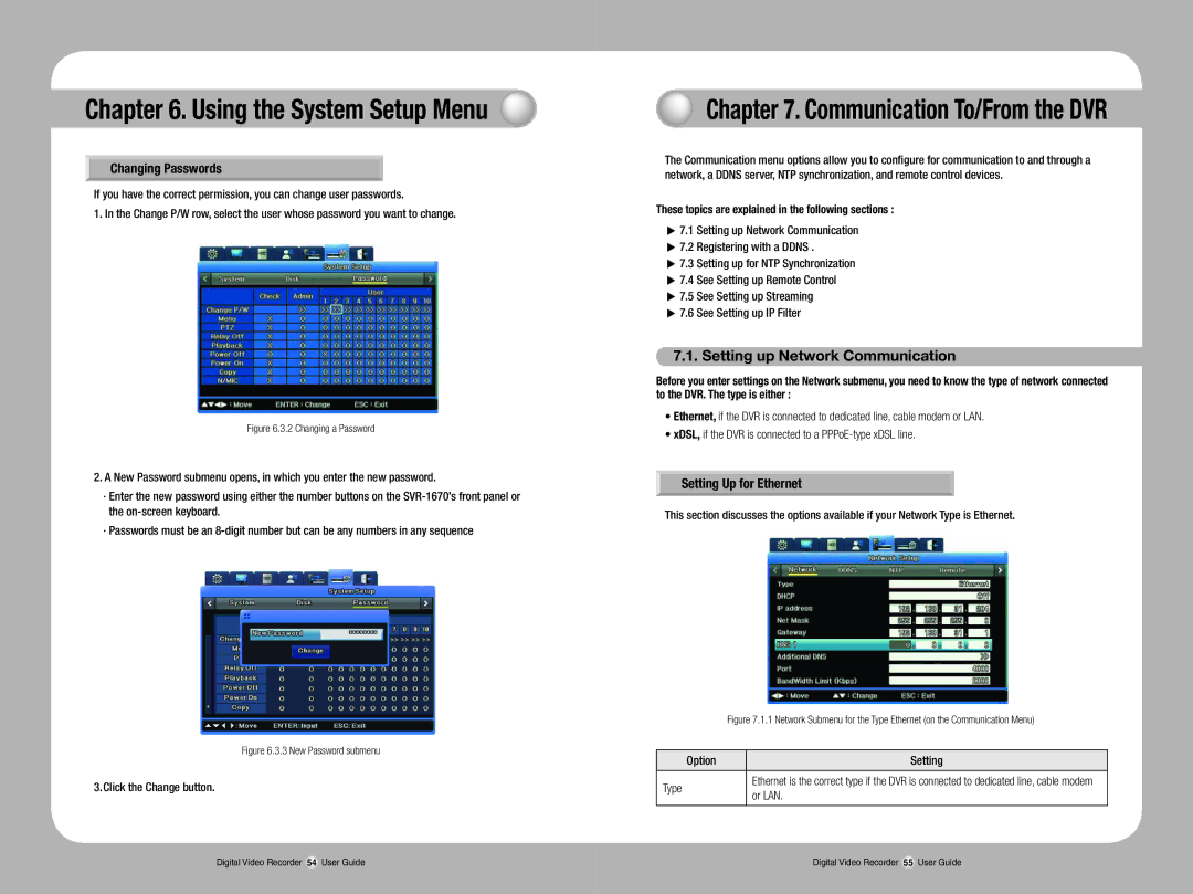 Samsung SVR-1670 manual Setting up Network Communication, Changing Passwords, Setting Up for Ethernet 