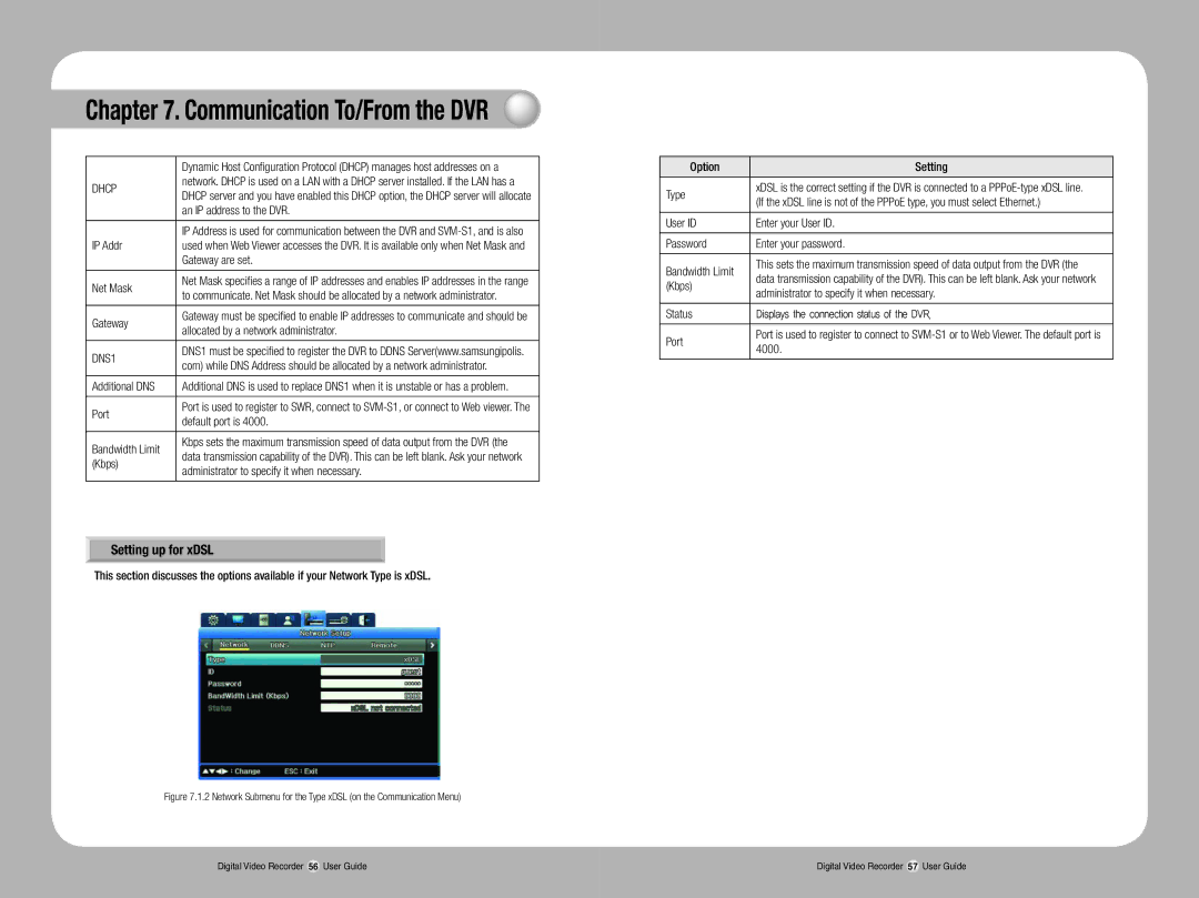 Samsung SVR-1670 manual Communication To/From the DVR, Setting up for xDSL, Dhcp, DNS1 