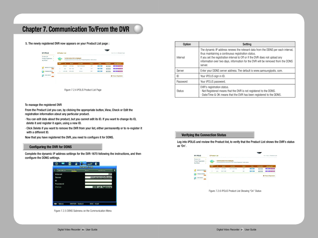 Samsung SVR-1670 manual Configuring the DVR for Ddns, Verifying the Connection Status 