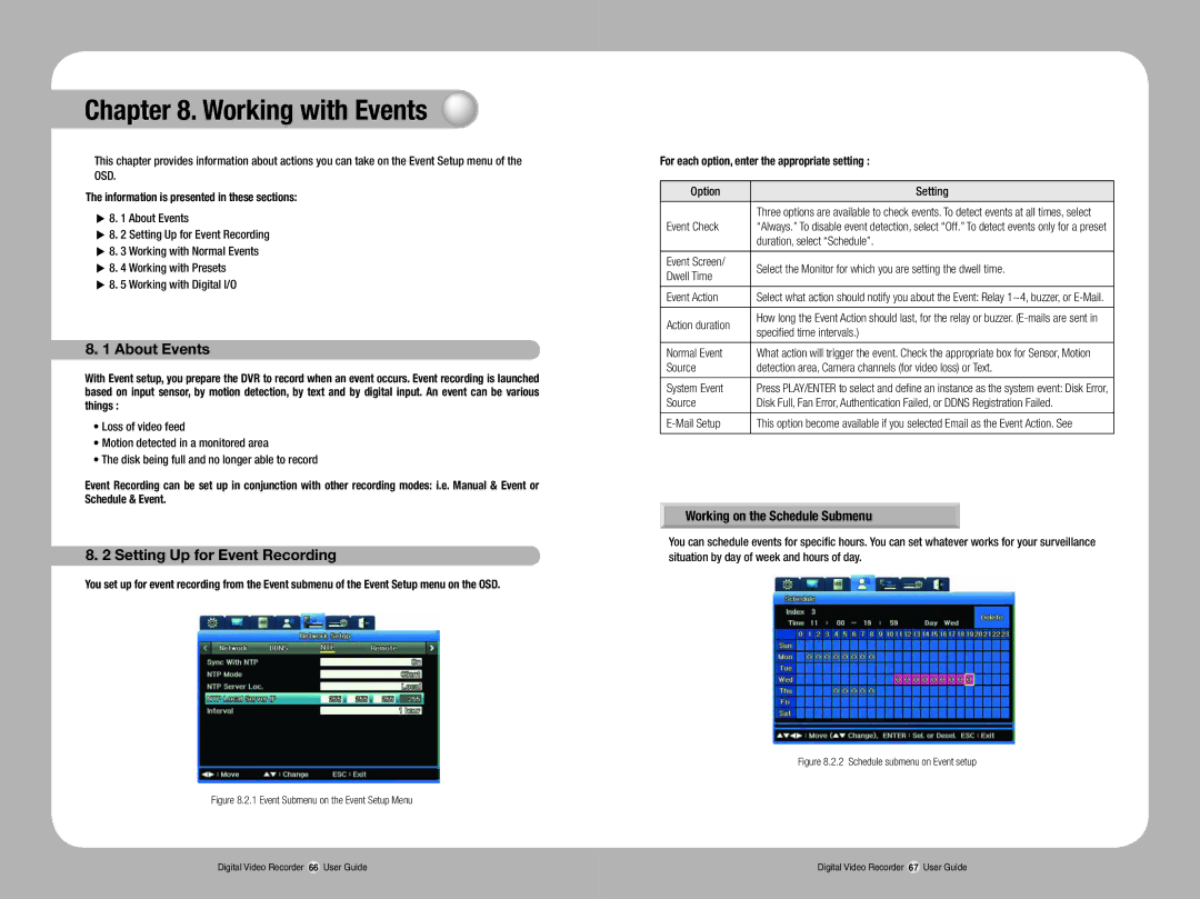 Samsung SVR-1670 manual Working with Events, About Events, Setting Up for Event Recording, Working on the Schedule Submenu 