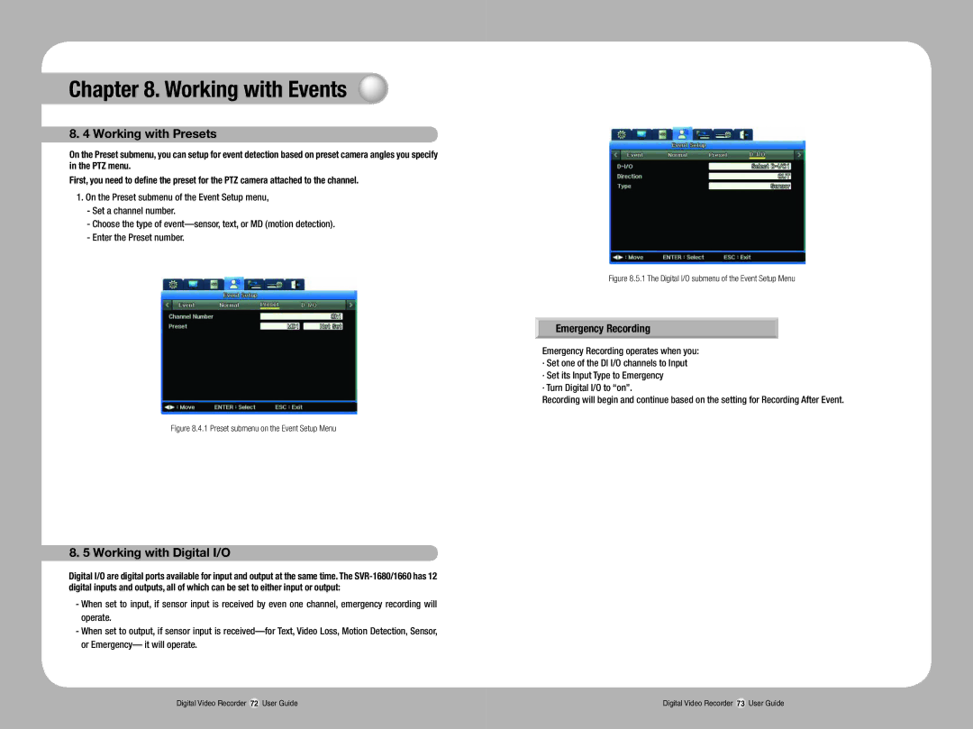 Samsung SVR-1670 manual Working with Presets, Working with Digital I/O, Emergency Recording 