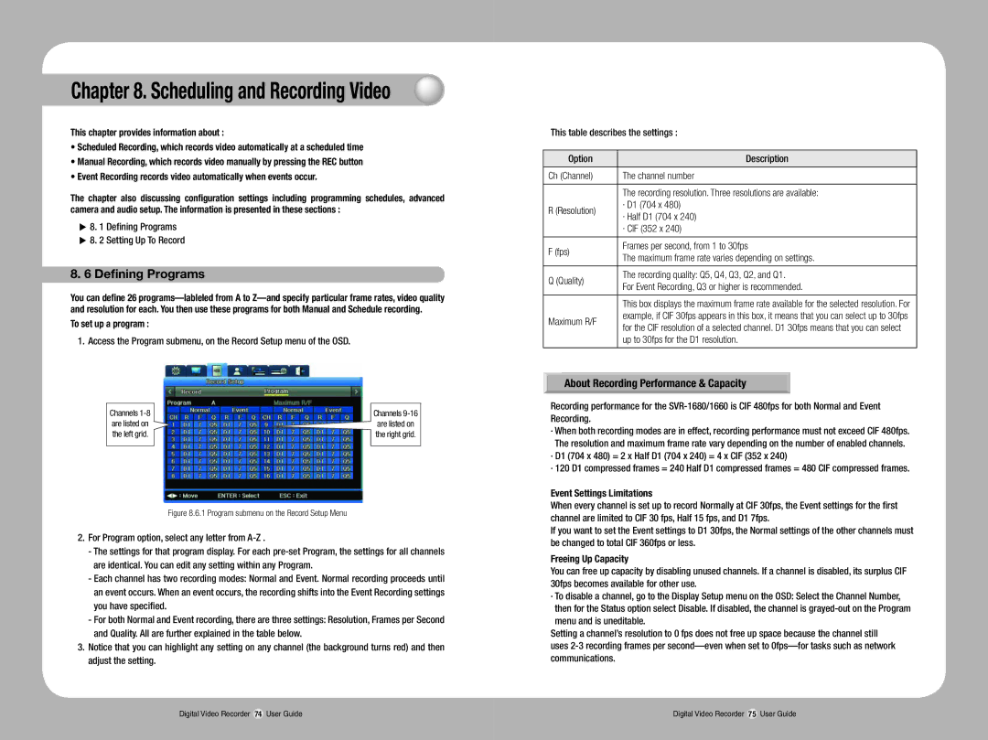 Samsung SVR-1670 manual Scheduling and Recording Video, Defining Programs, About Recording Performance & Capacity 