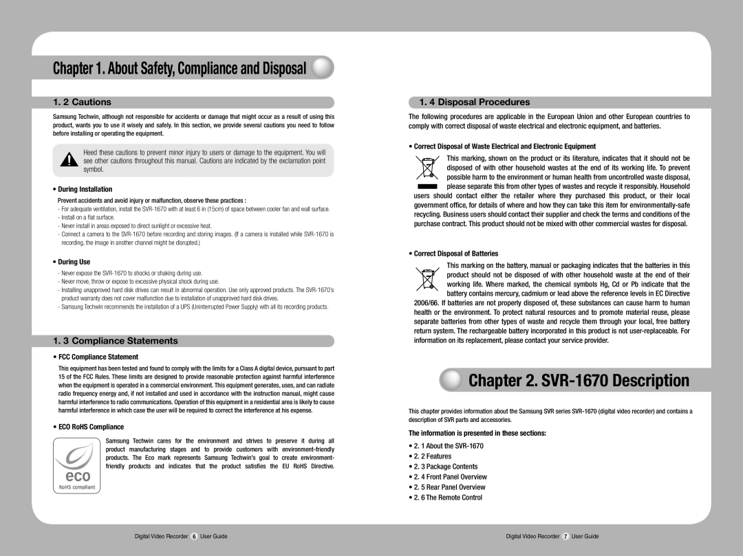 Samsung manual SVR-1670 Description, Compliance Statements, Disposal Procedures 