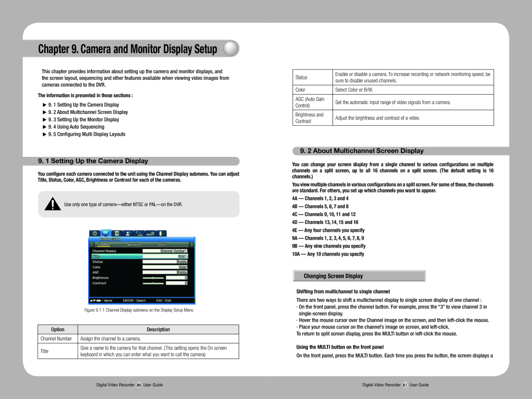 Samsung SVR-1670 manual Setting Up the Camera Display, About Multichannel Screen Display, Changing Screen Display 